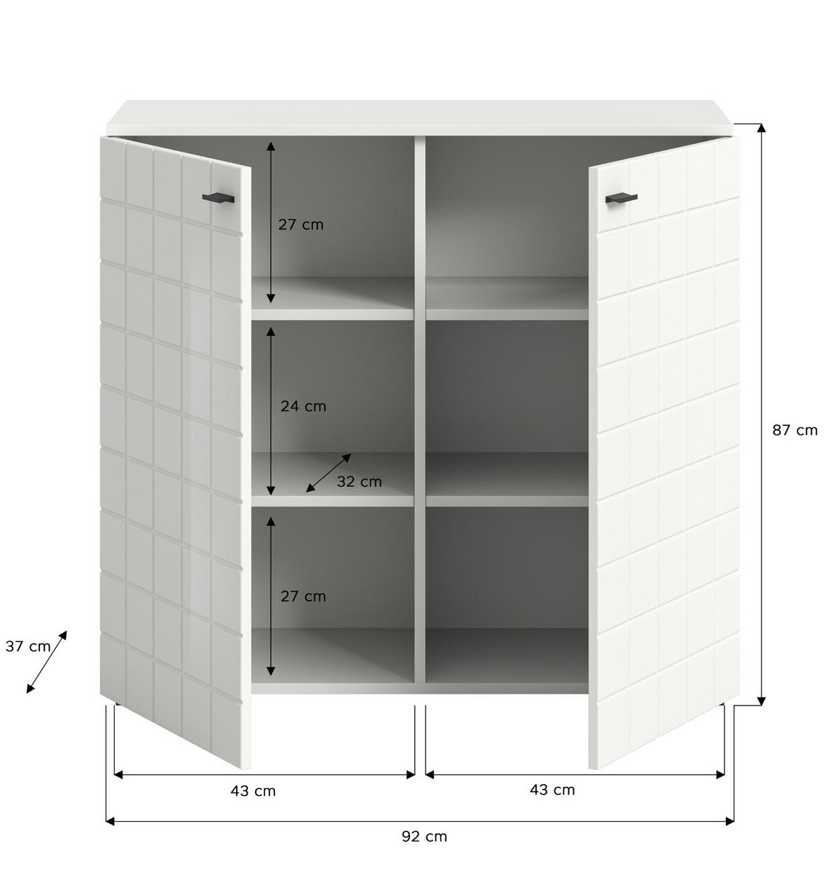 KOMMODE weiß Hochglanz 92 cm, Sideboard mit 6 Fächern - Weiß Hochglanz/Schwarz, Holzwerkstoff/Kunststoff (92/86/37cm) - Inn.Furn
