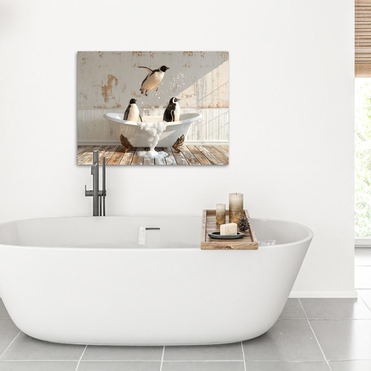 LEINWANDBILD Vintage - Pinguin - Badewanne - Schaumstoff 70x50 cm - Schwarz, Textil (70/50cm) - MuchoWow