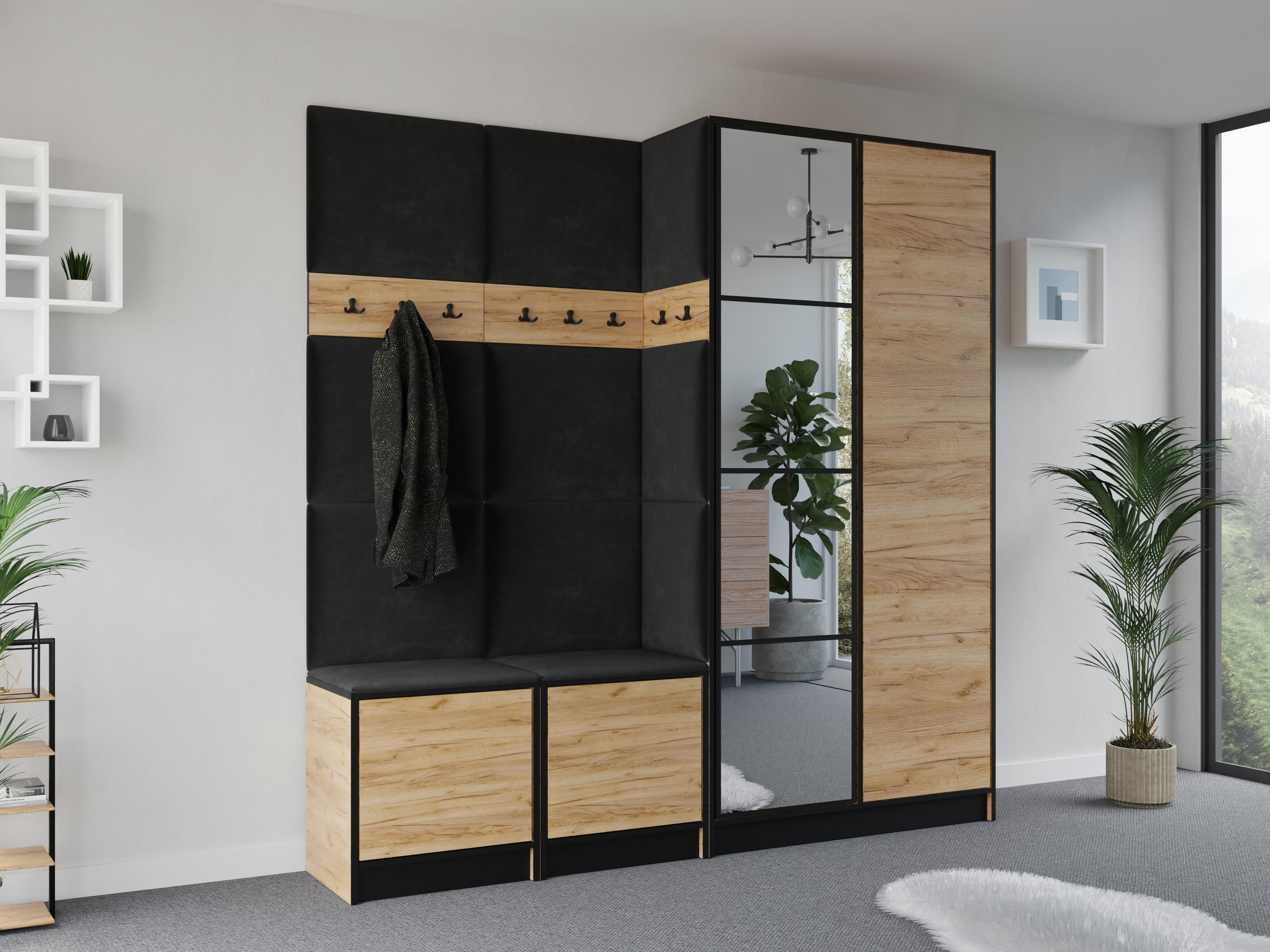 GARDEROBENSCHRANK EDEN 21 mit Spiegel - Eiche Craft Gold & Stoff Schwarz - Honigeiche/Schwarz, Holzwerkstoff (211/205/39cm) - Kier Furniture