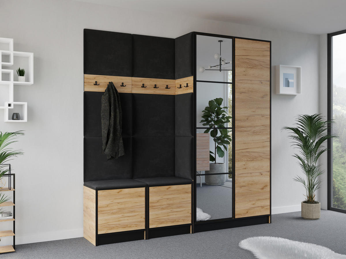 GARDEROBENSCHRANK EDEN 21 mit Spiegel - Eiche Craft Gold & Stoff Schwarz - Honigeiche/Schwarz, Holzwerkstoff (211/205/39cm) - Kier Furniture