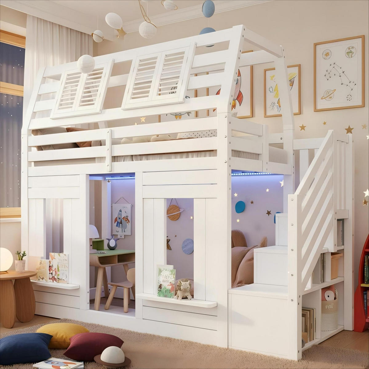 HAUSBETT 140/200 cm in weiß mit Stauraumtreppe - Weiß, Holz (90/200cm) - KOMHTOM