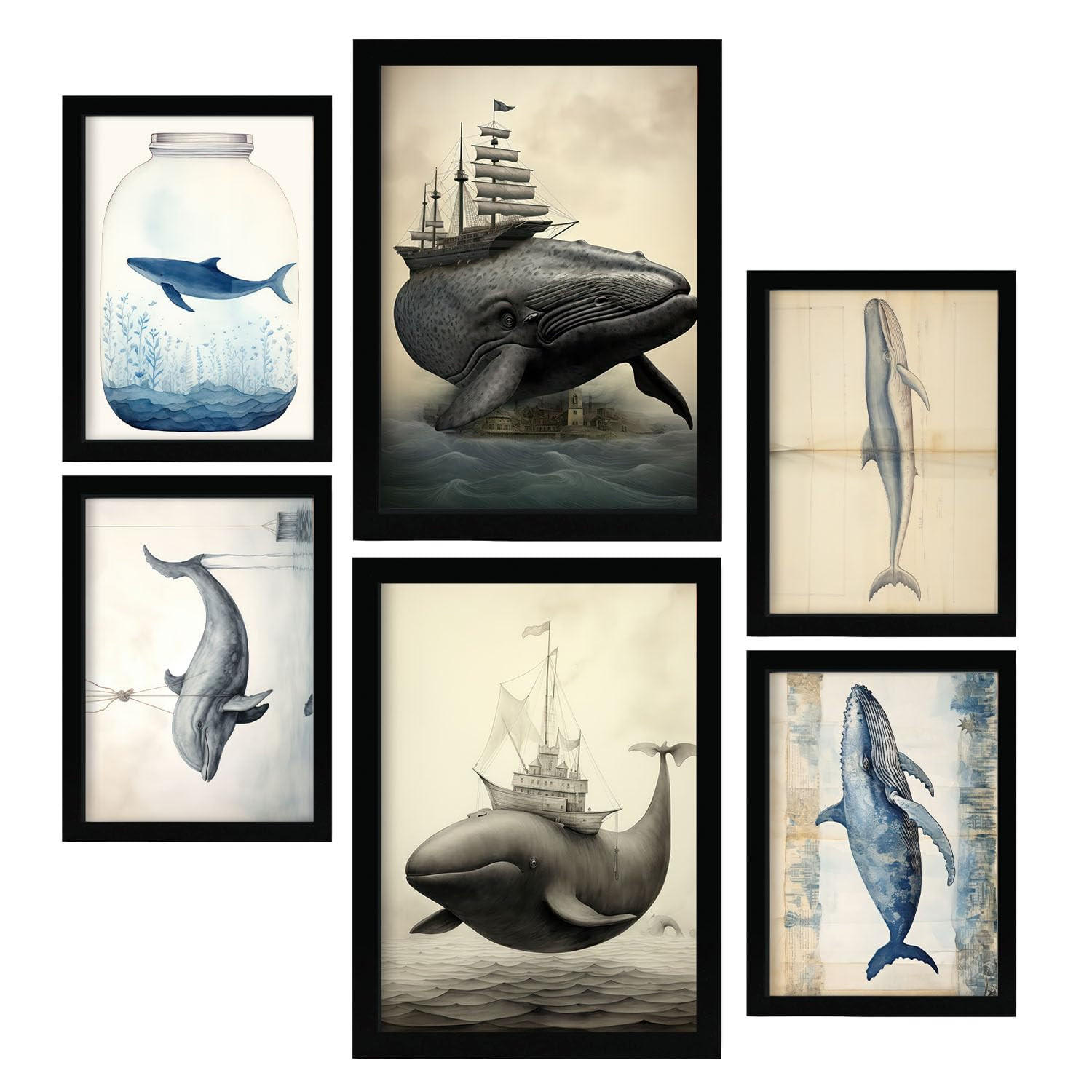 POSTER Set Mit 6 Wale A3 & A4 Schwarzer Rahmen - Schwarz, Papier (29/3cm) - Nacnic