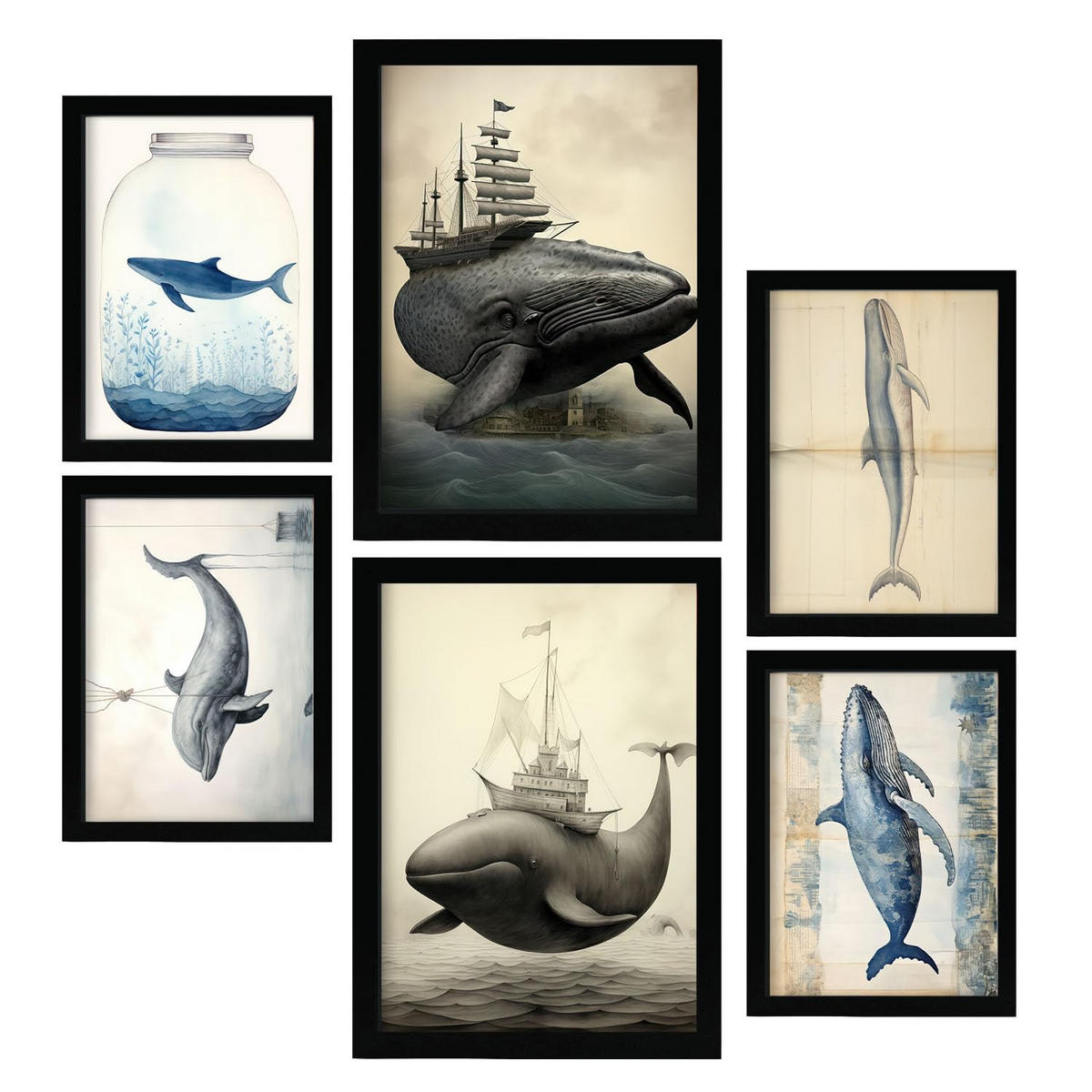 POSTER Set Mit 6 Wale A3 & A4 Schwarzer Rahmen - Schwarz, Papier (29/3cm) - Nacnic