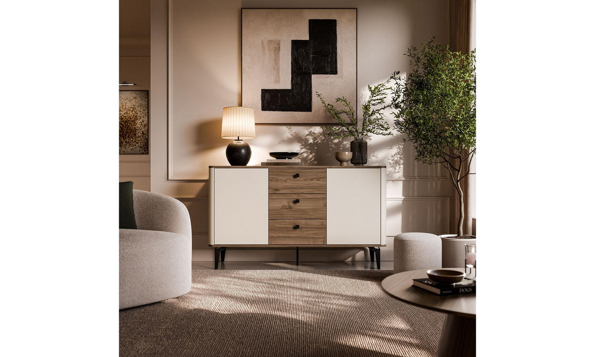KOMMODE MOCHA 140/40/81 cm 2 Türen 3 Schubladen Kaschmir/Nussbaum Royal - Kaschmir/Schwarz, Holzwerkstoff/Kunststoff (140/81/40cm) - Lookway