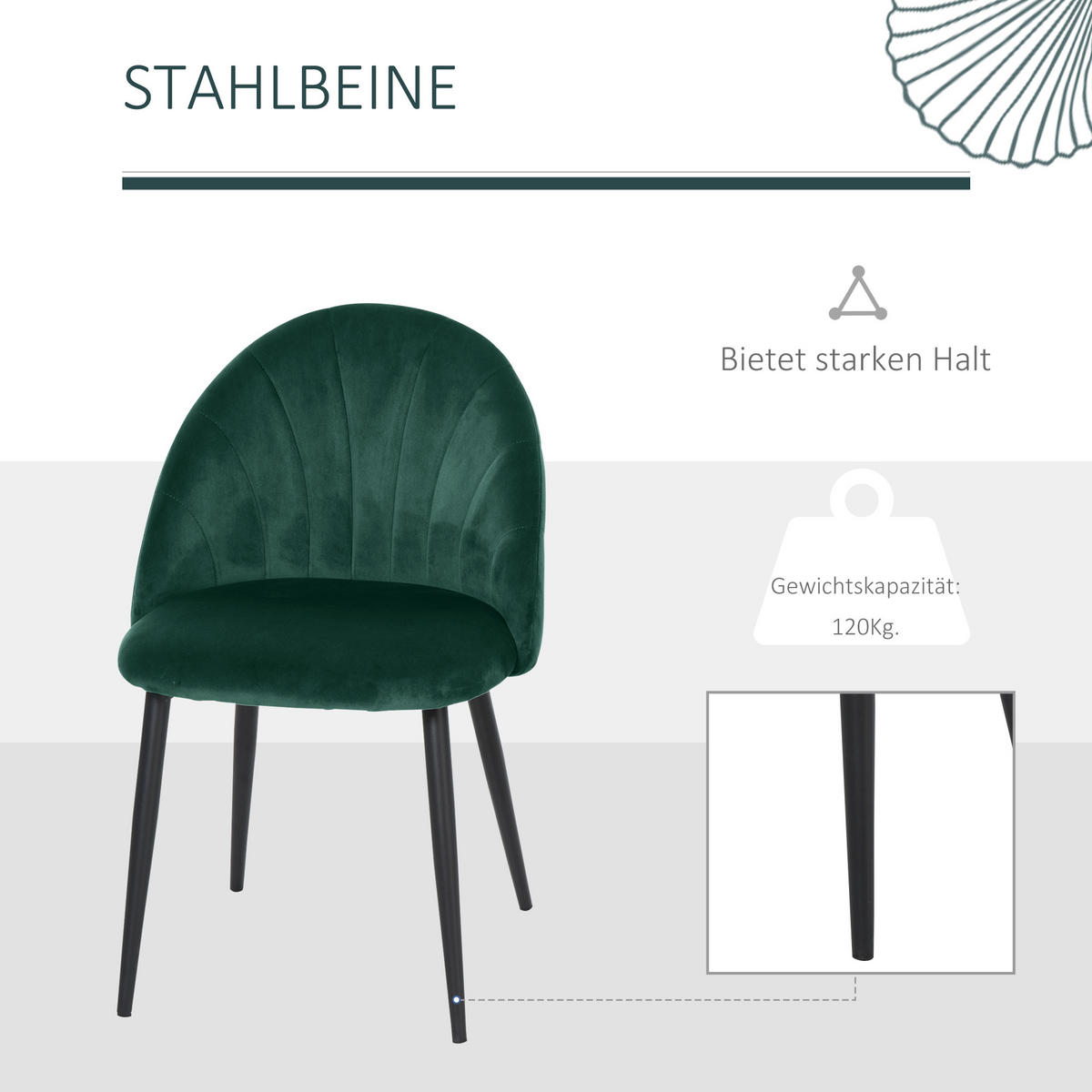 ESSZIMMERSTÜHLE 2er Set Küchenstuhl Bürostuhl mit Rückenlehne Samt Metall Grün - Grün, Textil (52/79/54cm) - HOMCOM