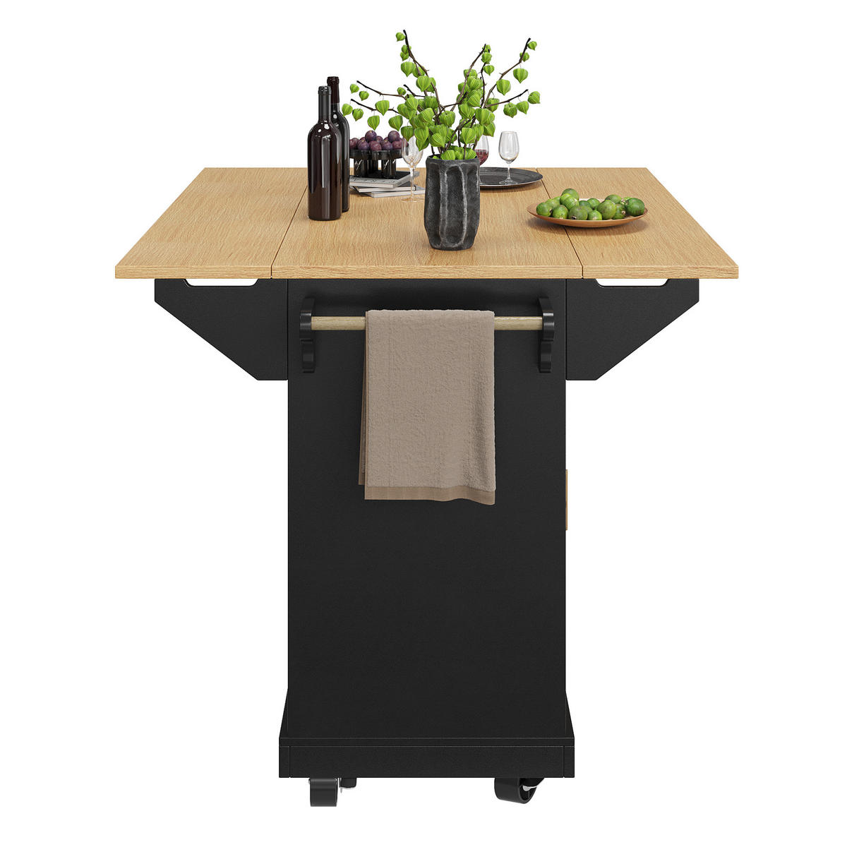 KUHINJSKI otok 120/40/95 cm z zložljivo ploščo, kolesi, 3 predali in MDF ohišjem, Črna - črna, leseni material (120/95/40cm) - Redom