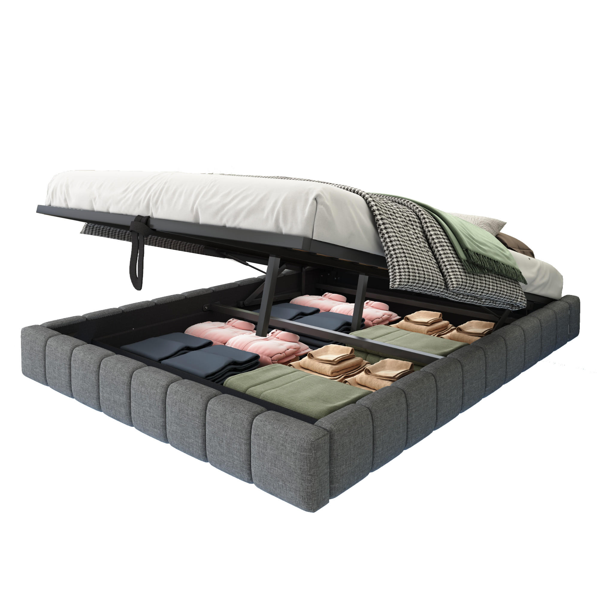 POLSTERBETT 140/200 cm Grau Hydraulischer Stauraum mit LED-Beleuchtung aus Leinen - Grau, Textil (140/200cm) - OKWISH
