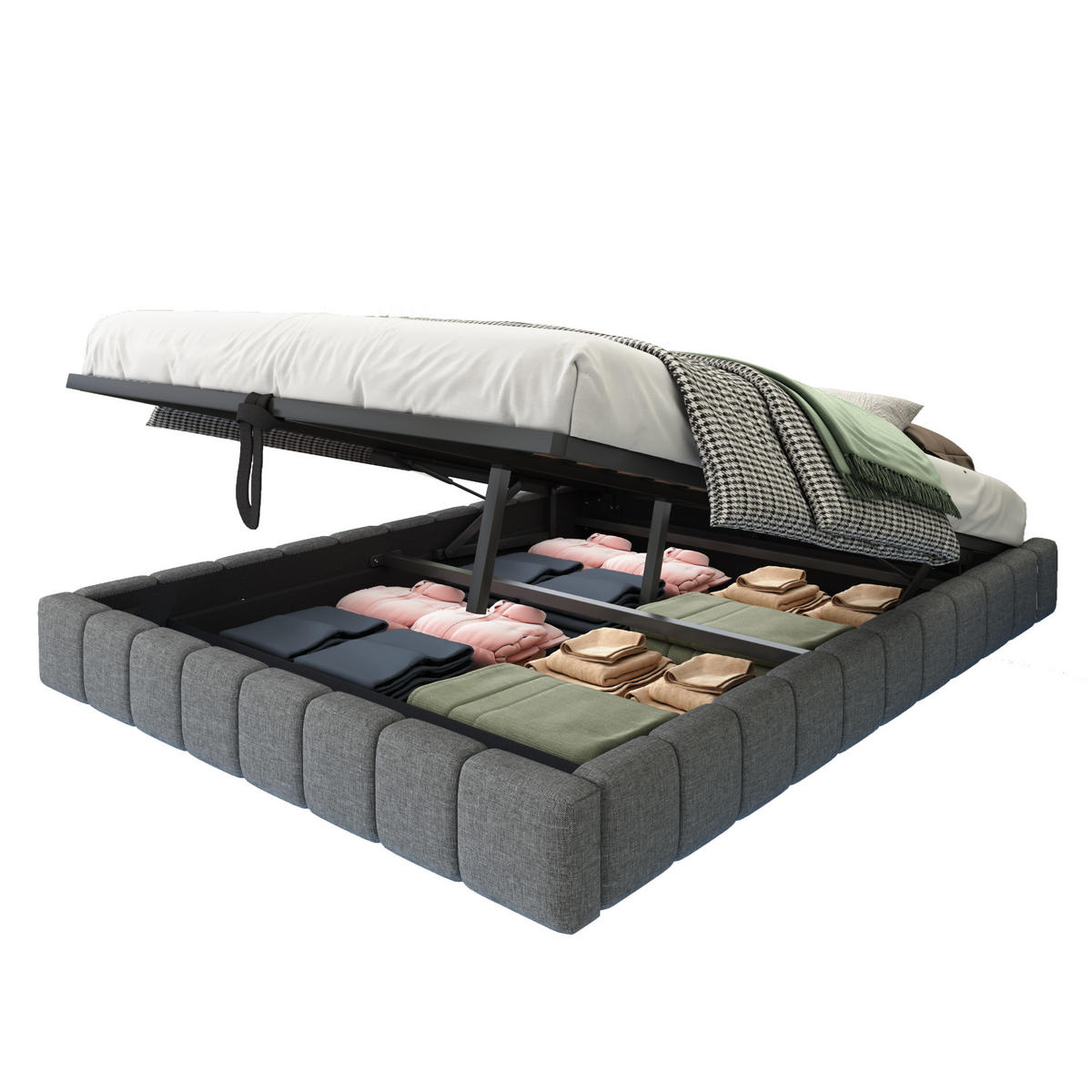 POLSTERBETT 140/200 cm Grau Hydraulischer Stauraum mit LED-Beleuchtung aus Leinen - Grau, Textil (140/200cm) - OKWISH