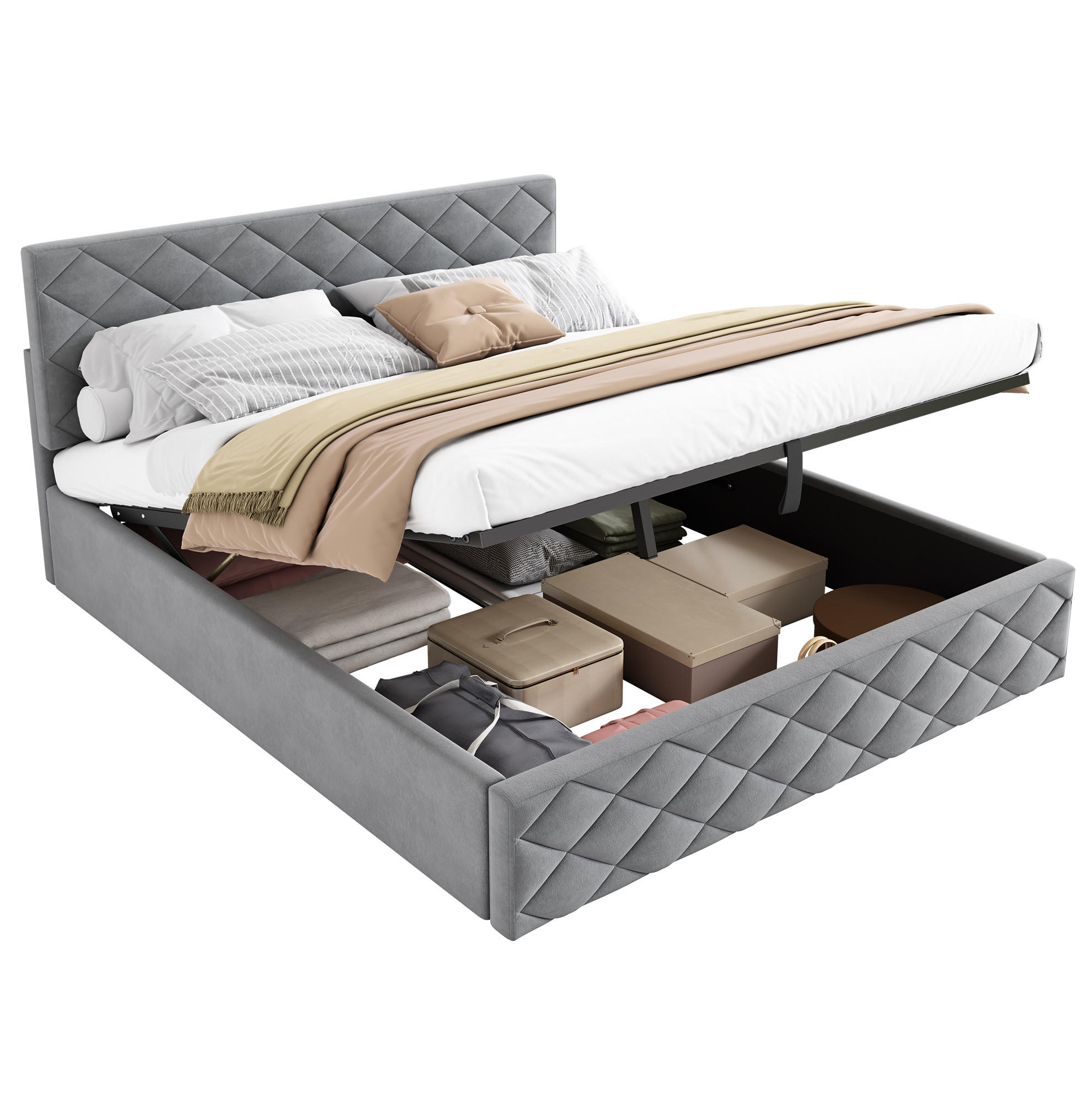 POLSTERBETT 140/200 cm mit Hydraulik, Lattenrost und Bettkasten aus Samt, Grau - Grau, Textil (140/200cm) - Redom