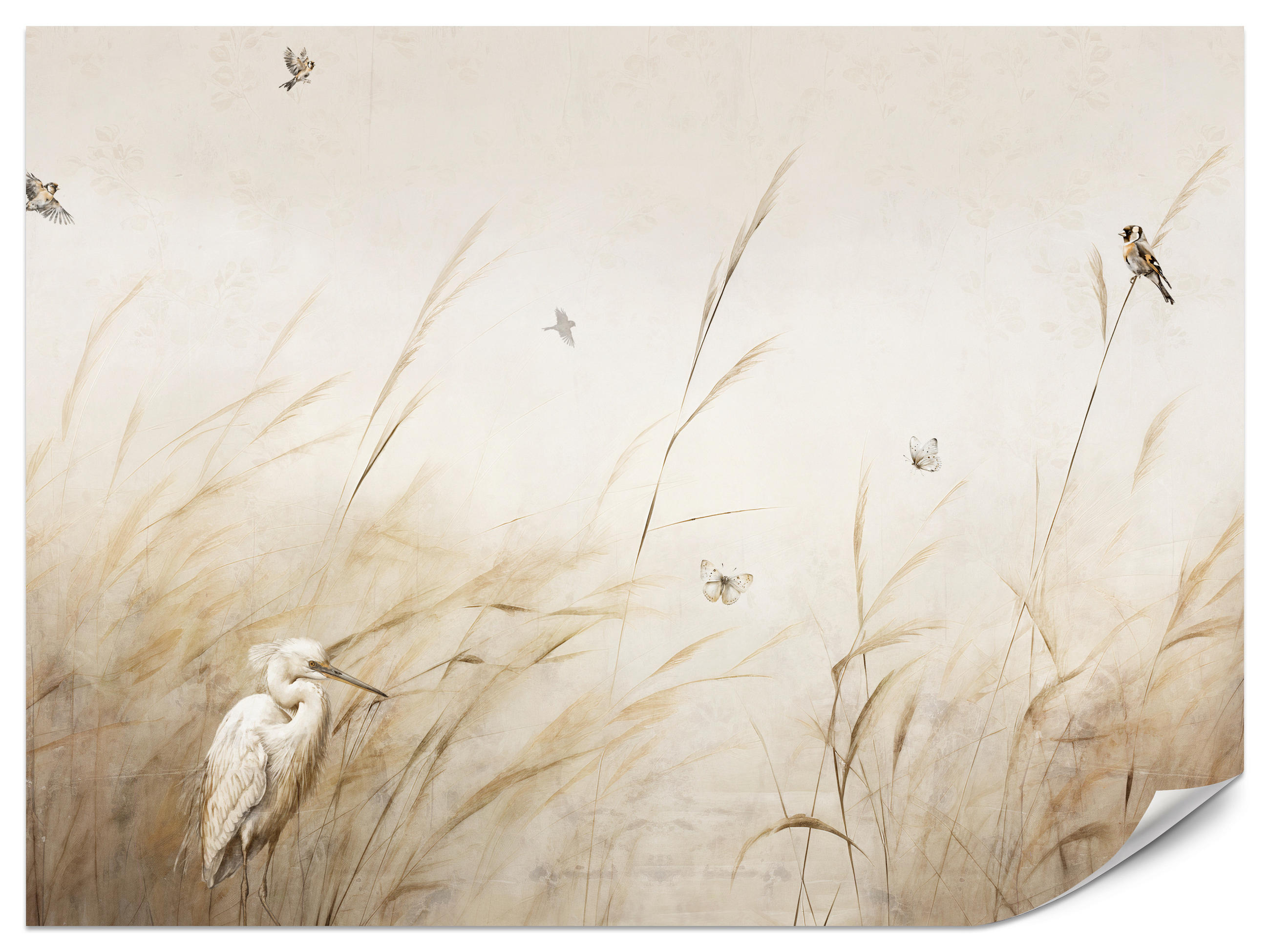 FOTOTAPETE für Schlafzimmer Vögel Storch Hohe Gräser Aquarell 150x105 - Beige/Gelb, Papier (150/105cm) - Muralo