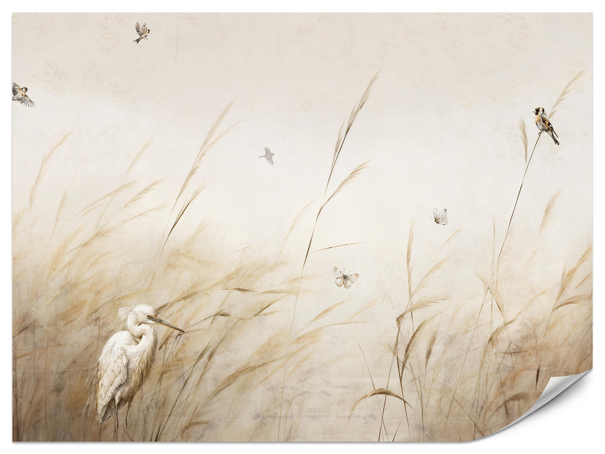 FOTOTAPETE für Schlafzimmer Vögel Storch Hohe Gräser Aquarell 150x105 - Beige/Gelb, Papier (150/105cm) - Muralo