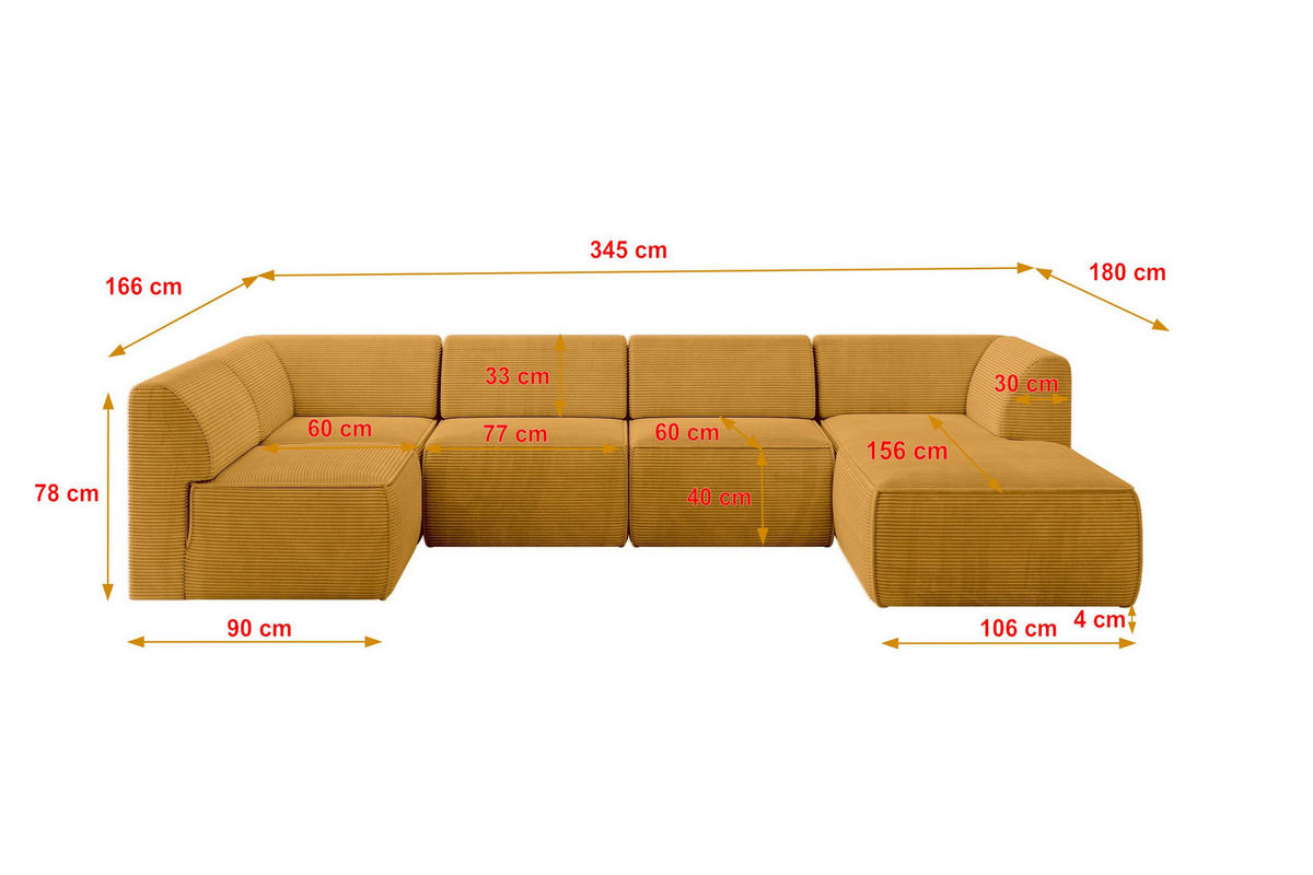 WOHNLANDSCHAFT Ottomane Rechts MOVO-L 345x180x78 cm Senffarbe Cord - Currygelb/Dunkelgelb, Holzwerkstoff/Kunststoff (345/78/180cm) - ALTDECOR