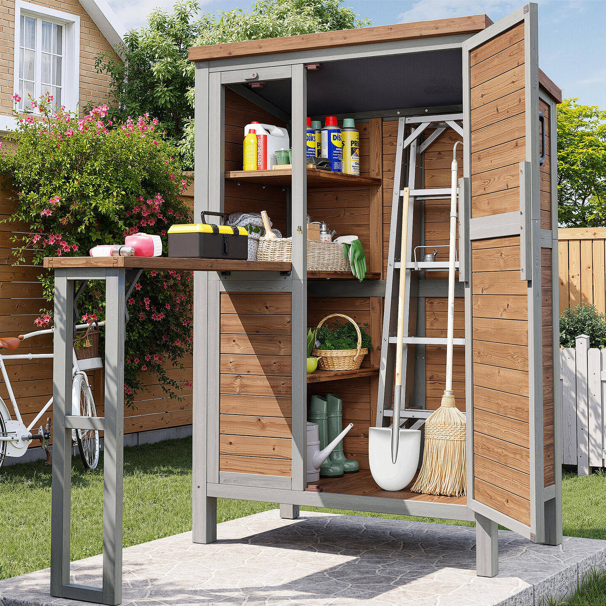 GARTENSCHRANK Tannenholz mit ausklappbarer Arbeitsplatte - Braun, Holz (46/160/86cm) - ComfortXL