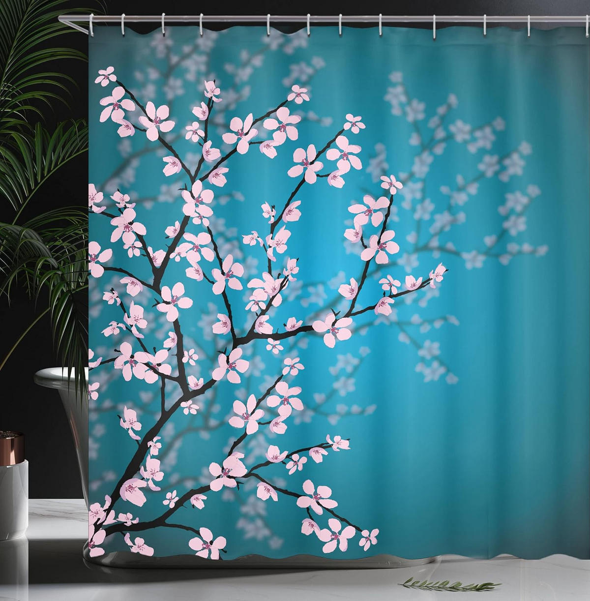 DUSCHVORHANG japanisch Muster Sakura Stoff Set Dekor Badezimmer mit Haken Blau Rosa - Blau, Textil (180/180cm) - MCBOSON