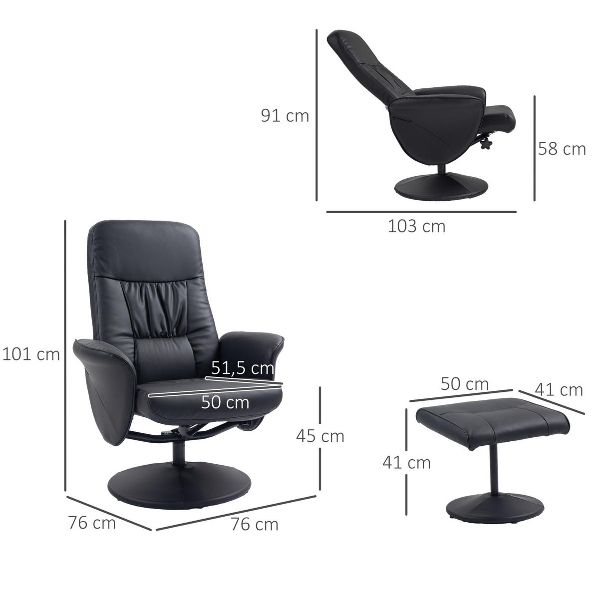 RELAXSESSEL 76/101/81 cm Schwarz aus Metall mit Liegefunktion - Schwarz, Metall (81/101/76cm) - OKMYHOME