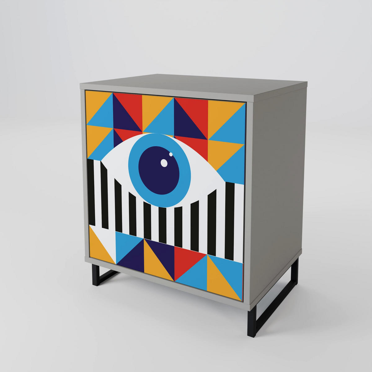 SIDEBOARD ABSTRACTION AND GEOMETRY, Grau, 57,5x42x72,5 cm, Schwarze Metallfüße - Multicolor/Schwarz, Holzwerkstoff/Metall (57.5/72.5/42cm) - SpaceRebels