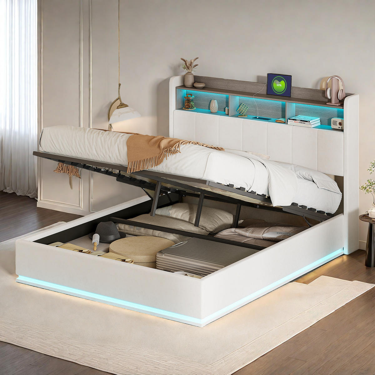 POLSTERBETT 140x200 cm mit Stauraum, LED, USB, Lattenrost, Weiß - Weiß, Metall (140/200cm)