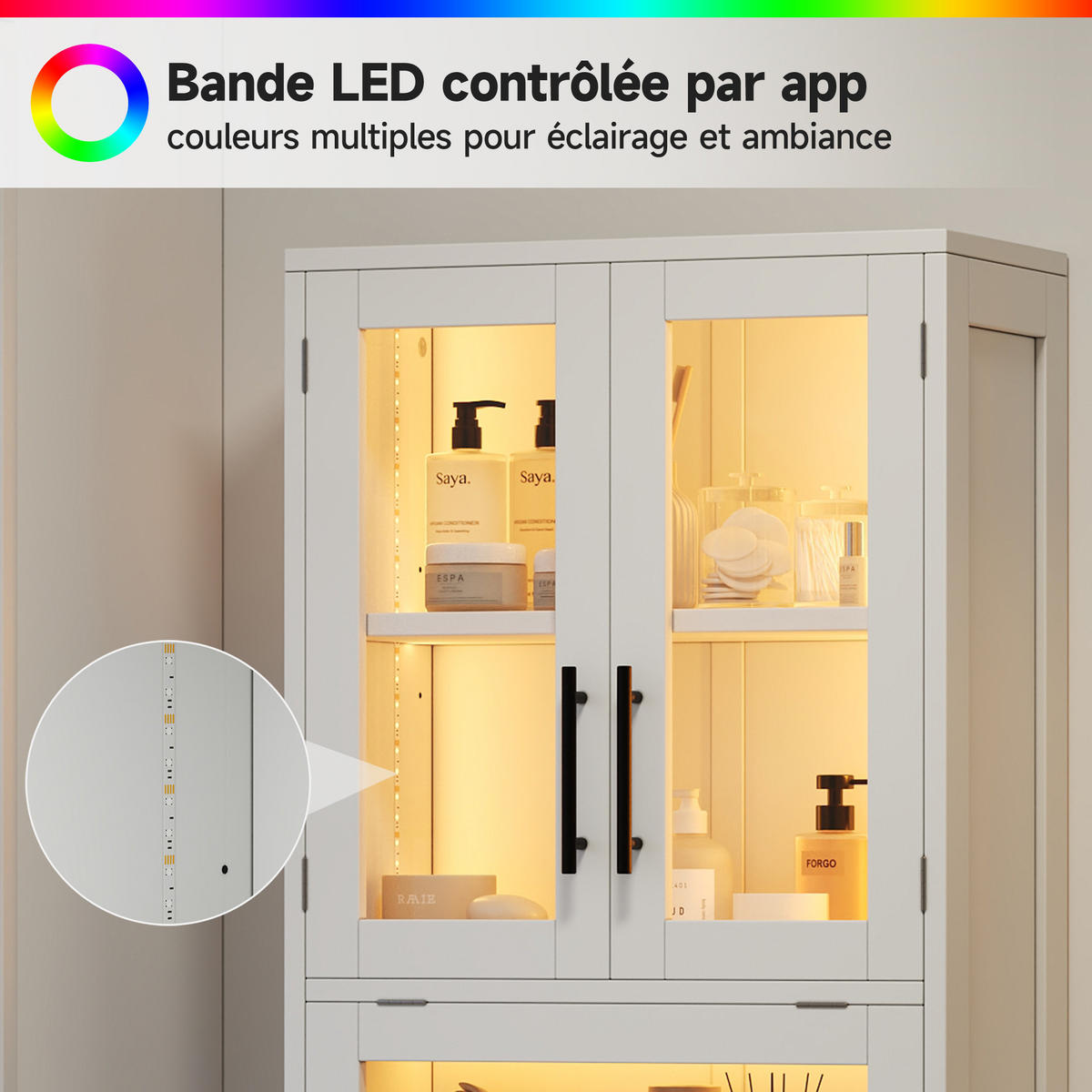 BADEZIMMERSCHRANK in Weiß Aufbewahrungsschrank mit Verstellbare Einlegeböden und App-gesteuertes LED, B60/T30/H170cm - Weiß, Glas/Holzwerkstoff (60/170/30cm) - STILVORA