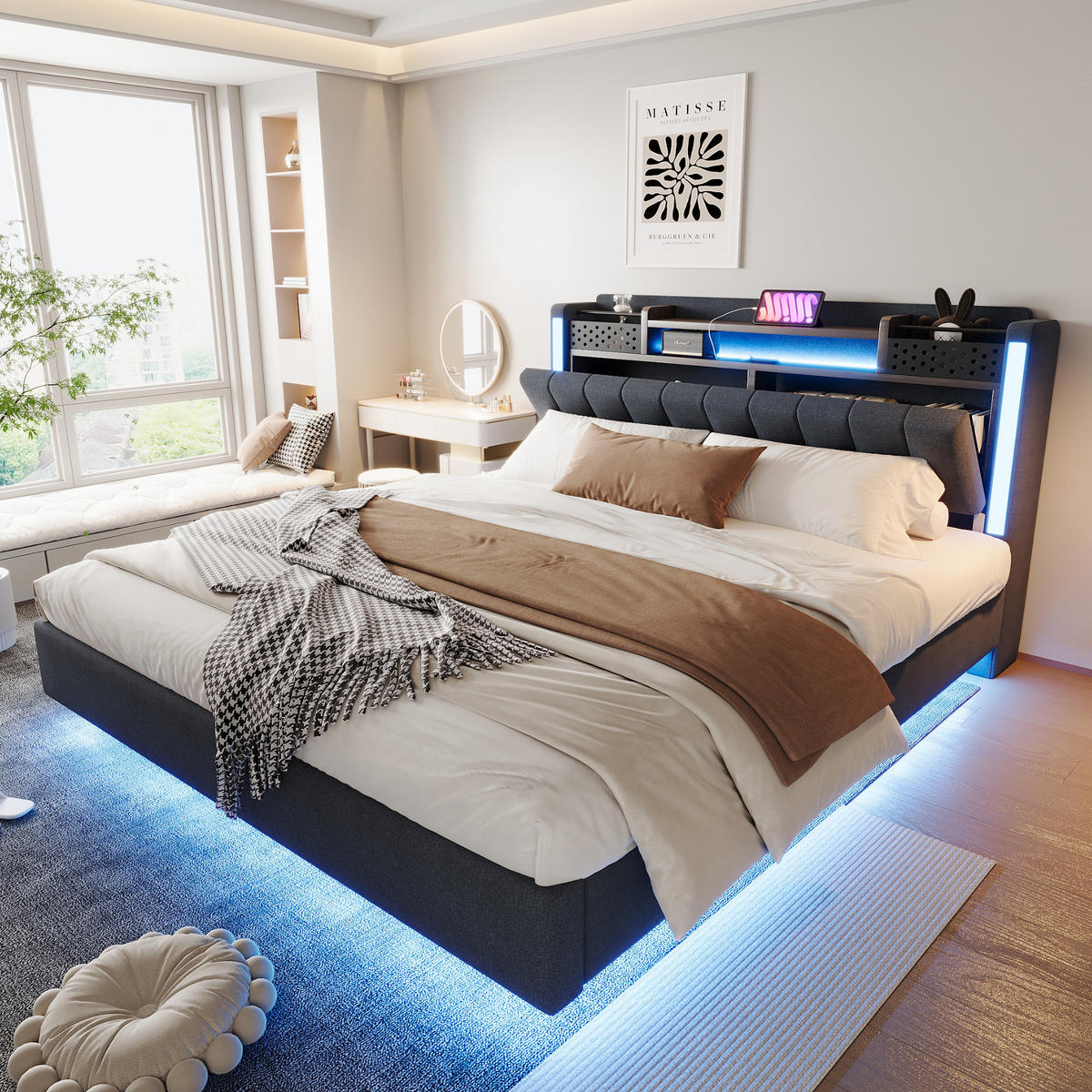 POLSTERBETT 160/200 cm in Grau Leinen mit LED, USB und Stauraum - Grau, Holzwerkstoff/Textil (160/200cm) - WISHDOR