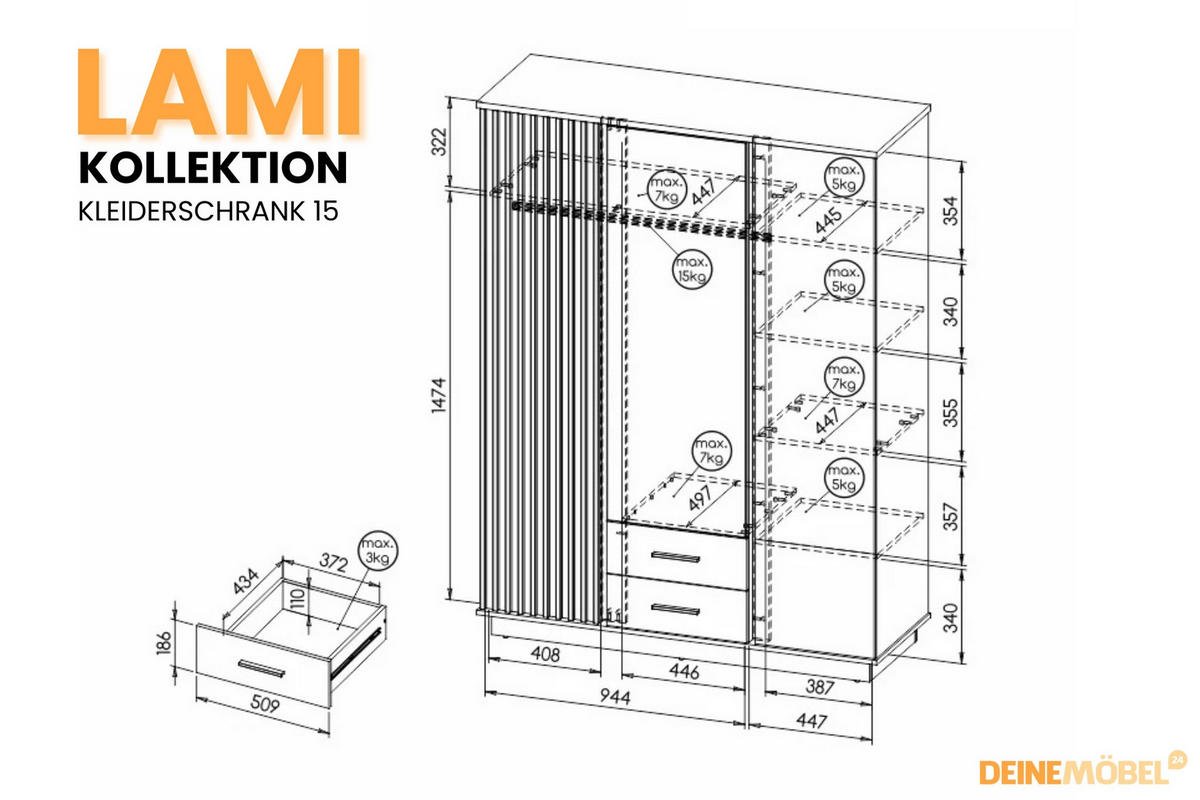 KLEIDERSCHRANK LAMI 15 146/194/52 cm in Wotan Eiche / Schwarz Matt mit Lamellen und Spiegel - Eiche Wotan/Schwarz, Holzwerkstoff (146/194/52cm) - Deine Möbel 24