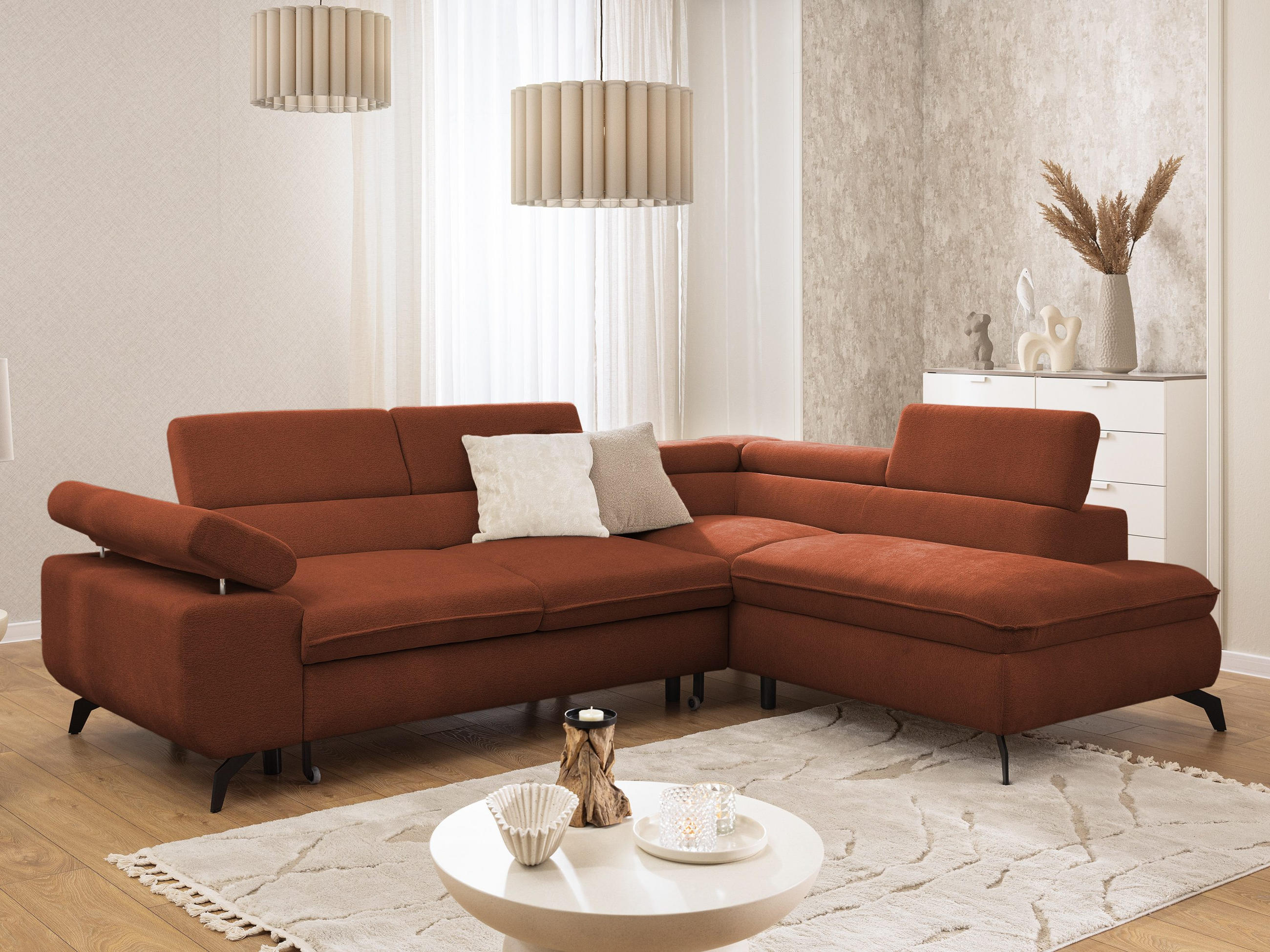 ECKSOFA mit Schlaffunktion und Bettkasten Bonnie aus Terrakotta Chenille-Stoff mit verstellbaren Kopfstützen und Armlehne - Ottomane rechts - Terracotta/Schwarz, Holz/Textil (275/210cm) - S-Style Möbel