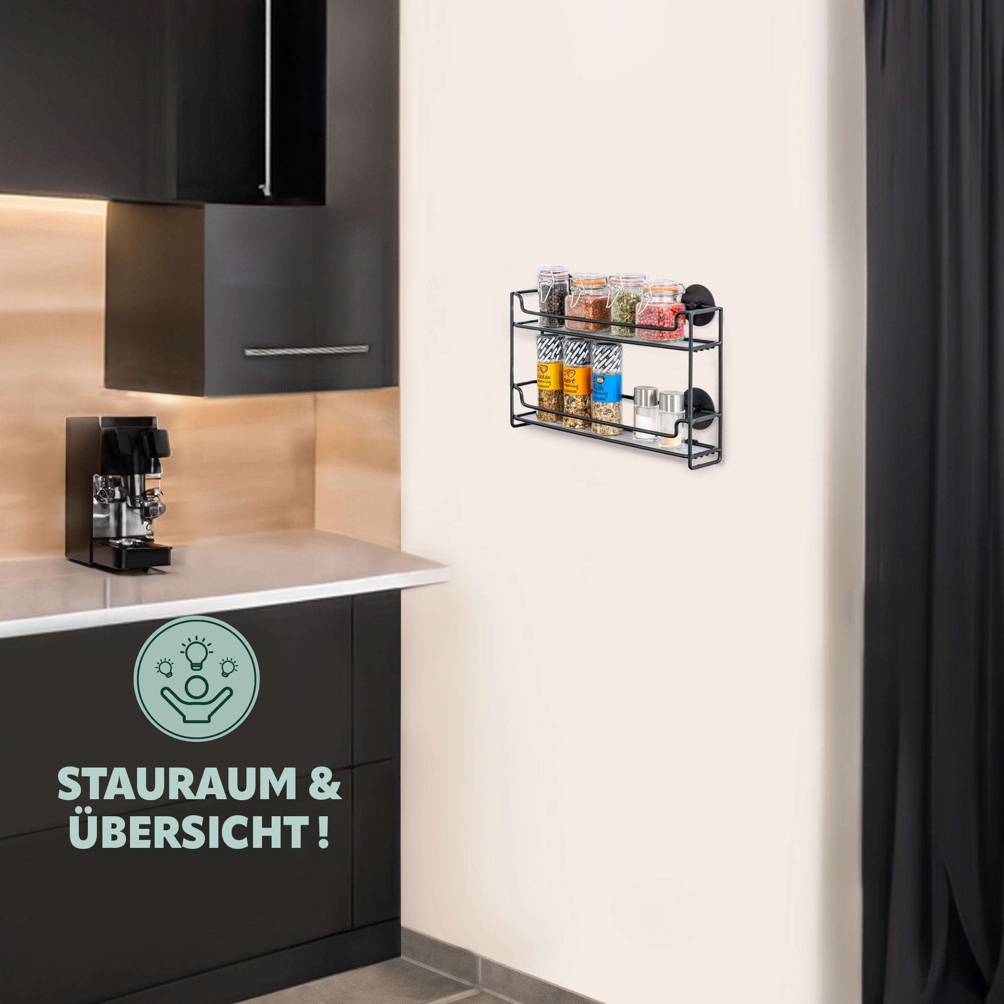 Thumbnail - bremermann Gewürzregal,, Schwarz, Metall, 32.5x20x6.5 cm, Küchenzubehör, Vorratsbehälter, Gewürzgläser