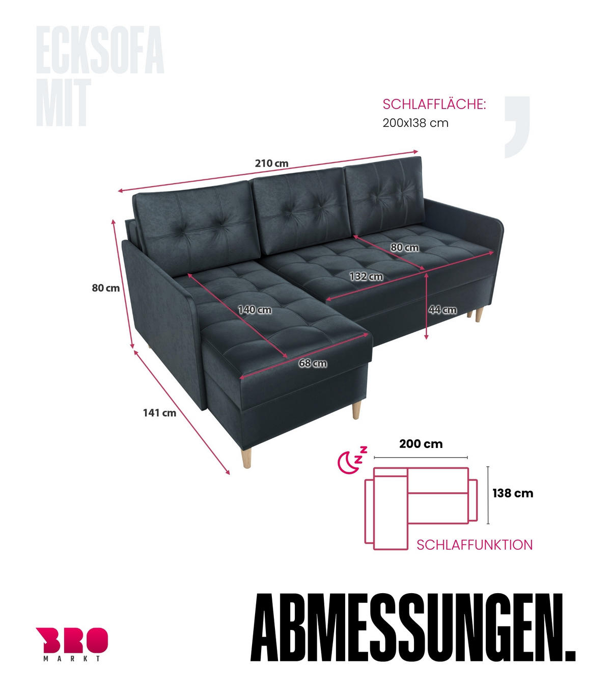 ECKSOFA Fado mit Schlaffunktion Graphit Samtstoff - Graphitfarben, Textil (210/141cm) - Bromarkt