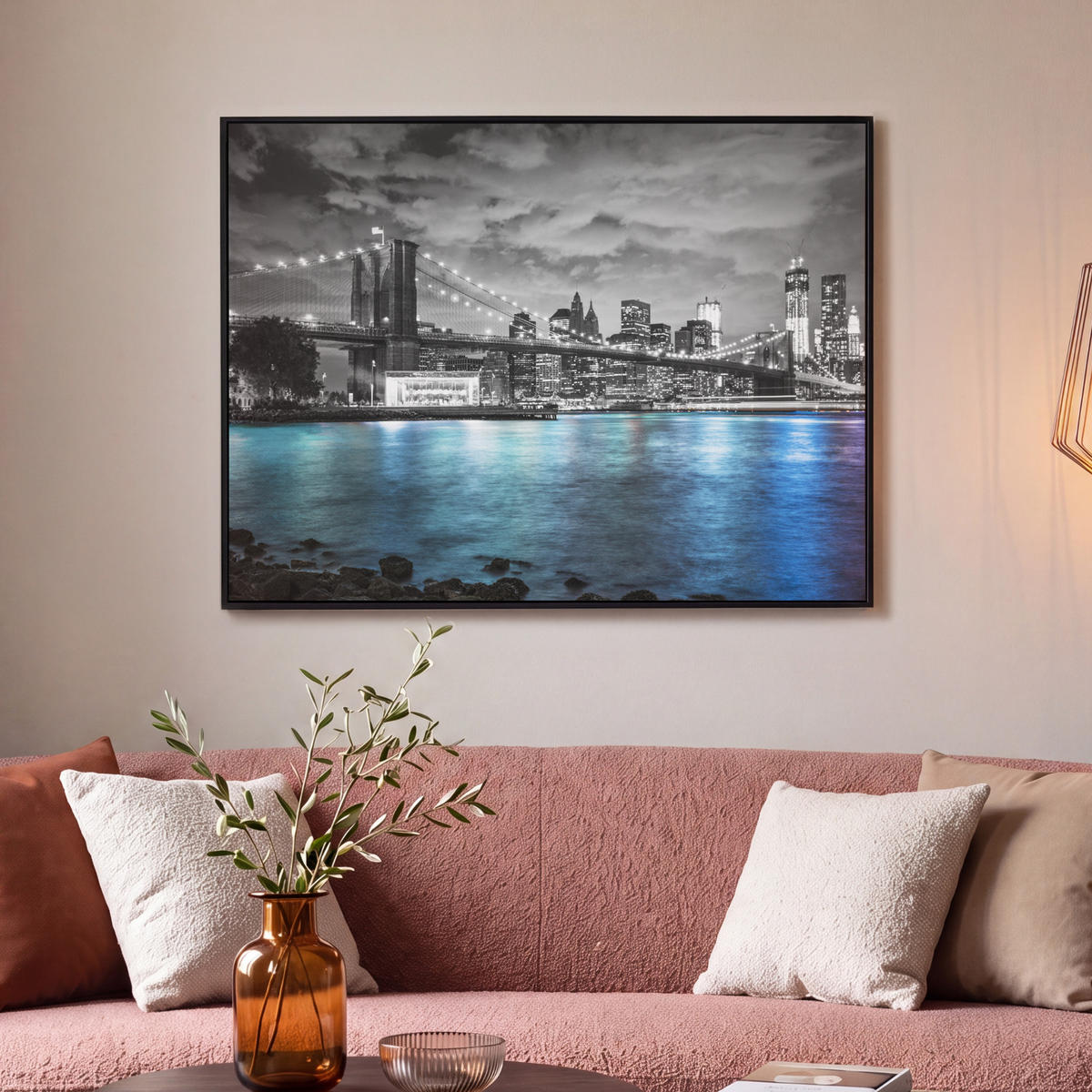 LEINWAND Bilder mit Rahmen - New York - Skyline - Stadt - Blau - 100x70 - Blaugrau, Textil (100/70cm) - MuchoWow