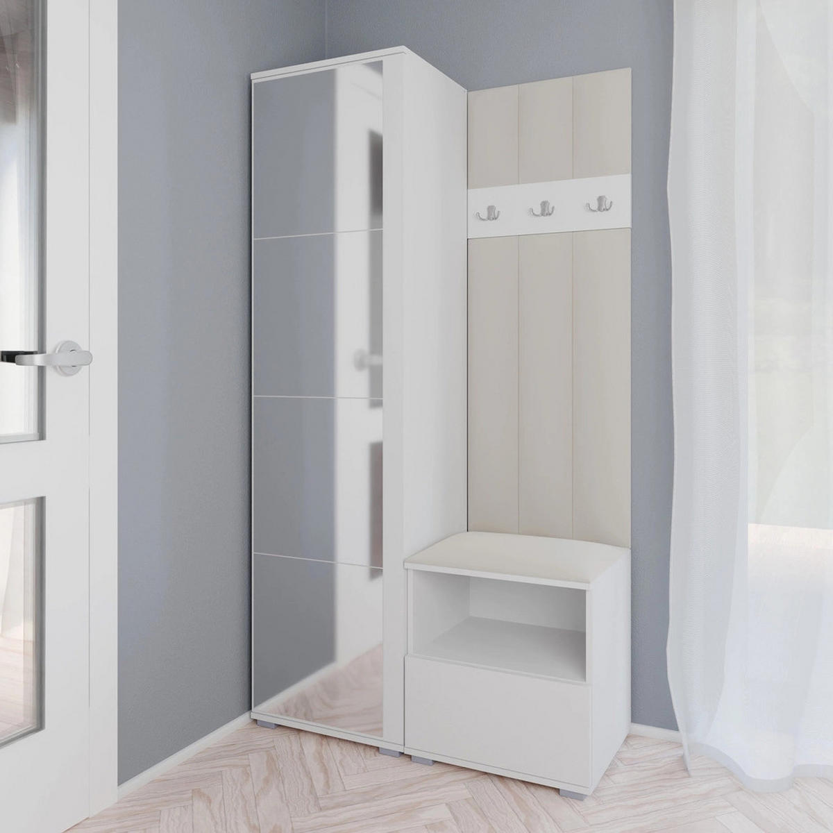 GEPOLSTERT Garderoben-Set Nela I LUX (Spiegel – Farbe Weiß + Stoff Trinity 01) - Silberfarben/Creme, Holz/Holzwerkstoff (100/187/40cm) - Ravio