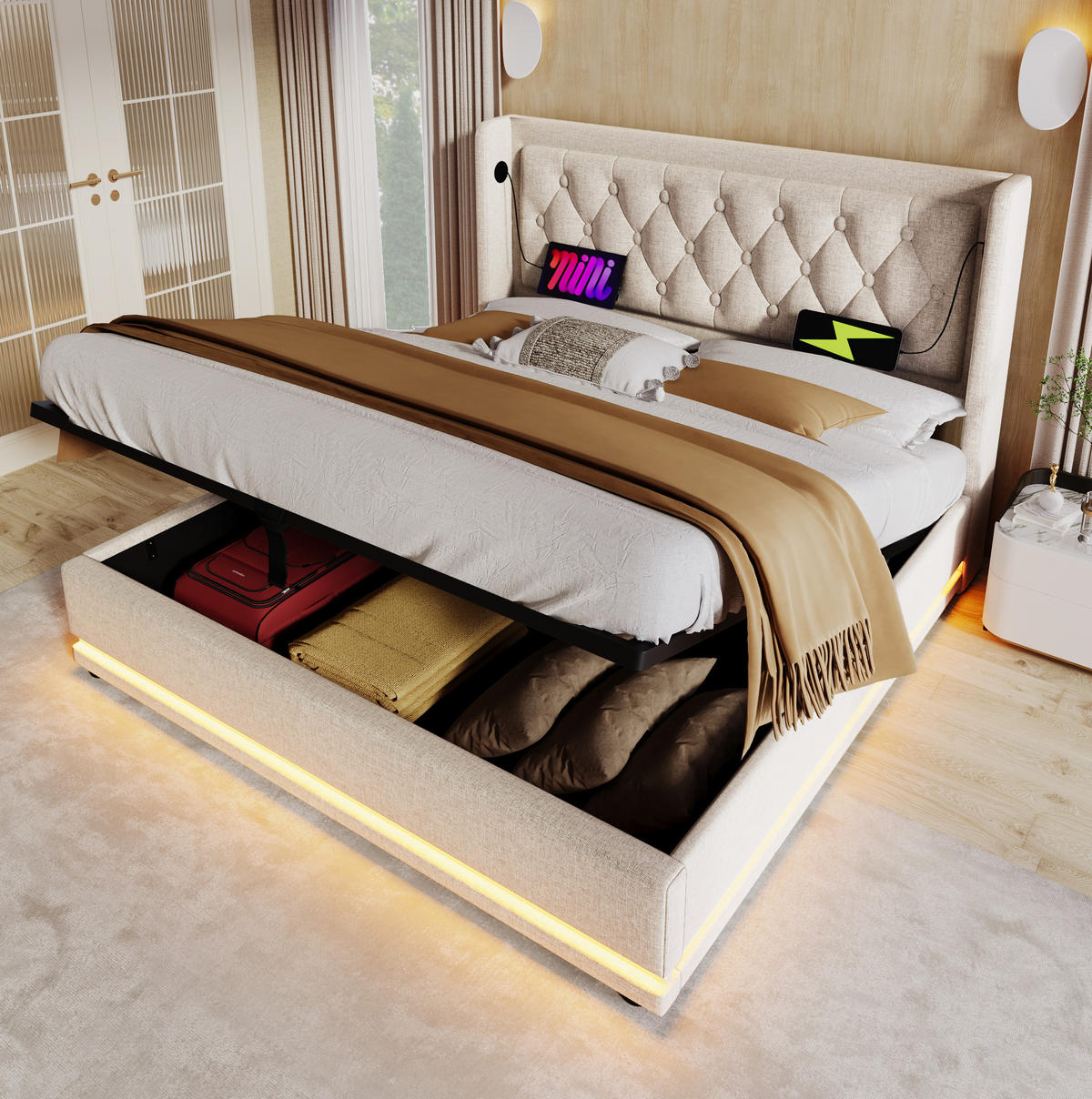 BETT mit Stauraum 160x200 cm Baumwolle Beige - Beige, Metall (160/200cm) - Meubliv