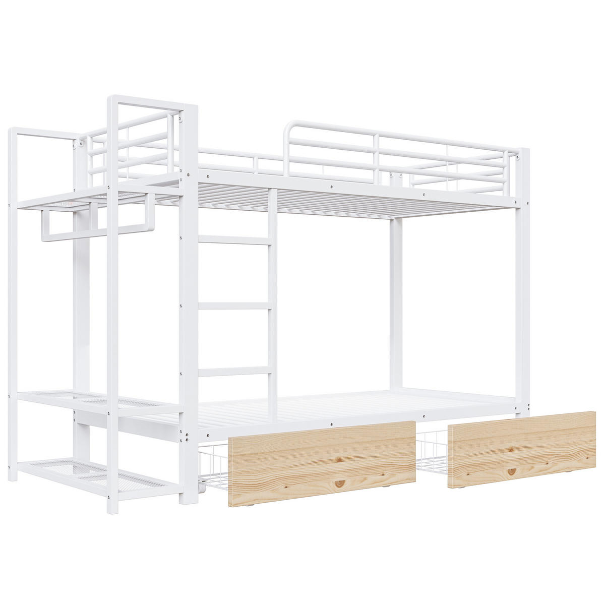 ETAGENBETT 90/200 cm in Weiß mit 2 Schubladen, Regalen und LED - Weiß, Holzwerkstoff/Metall (90/200cm) - STILVORA