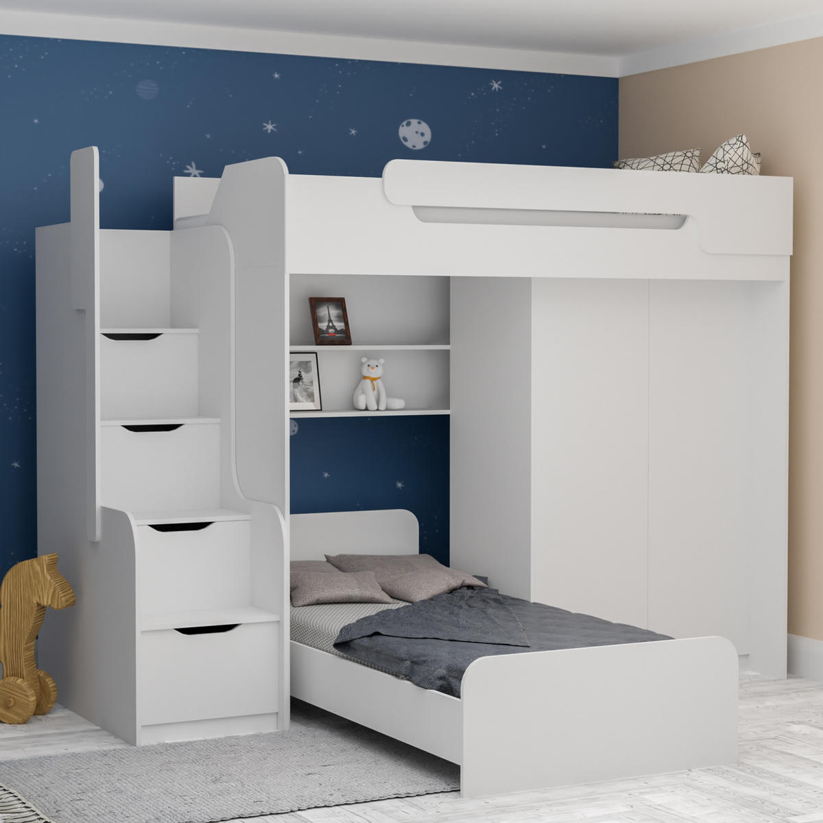 ETAGENBETT ARTHUR 90/200 in Weiß mit zusätzliches Bett und Kleiderschrank - Weiß, Holzwerkstoff (90/200cm) - Deine Möbel 24