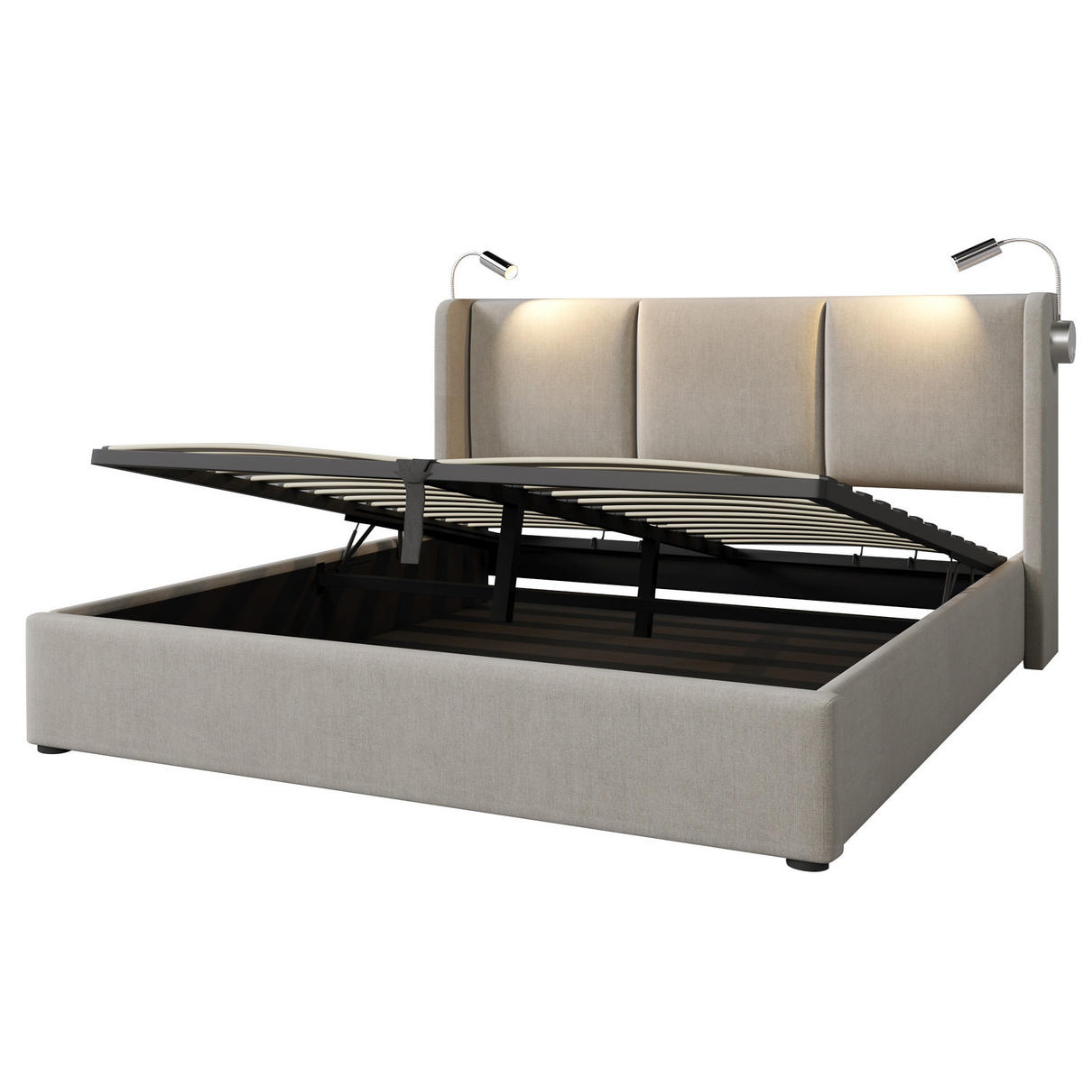 POLSTERBETT 140/200 cm mit hydraulischem Bettkasten, Leselicht & USB-Ladefunktion, Beige - Beige, Textil (140/200cm) - Redom