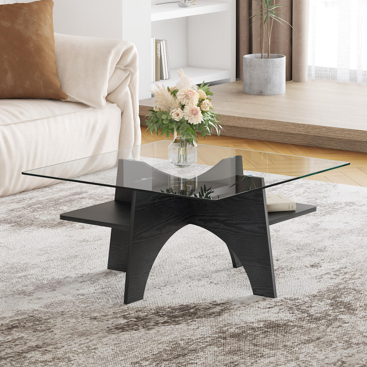 COUCHTISCH in Schwarz Moderner quadratischer Beistelltisch mit Holzoptik für Esszimmer und Wohnzimmer, B80/T80/H40 cm - Schwarz, Glas/Holzwerkstoff (80/80/40cm) - STILVORA