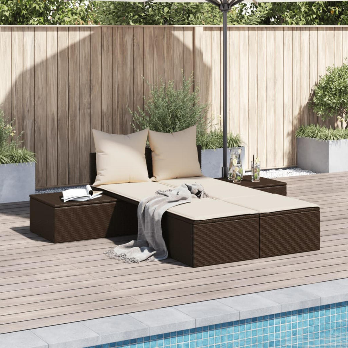 DOPPEL-SONNENLIEGE Mit Auflagen Braun Poly Rattan - Creme, Kunststoff (162/30/104cm) - vidaXL