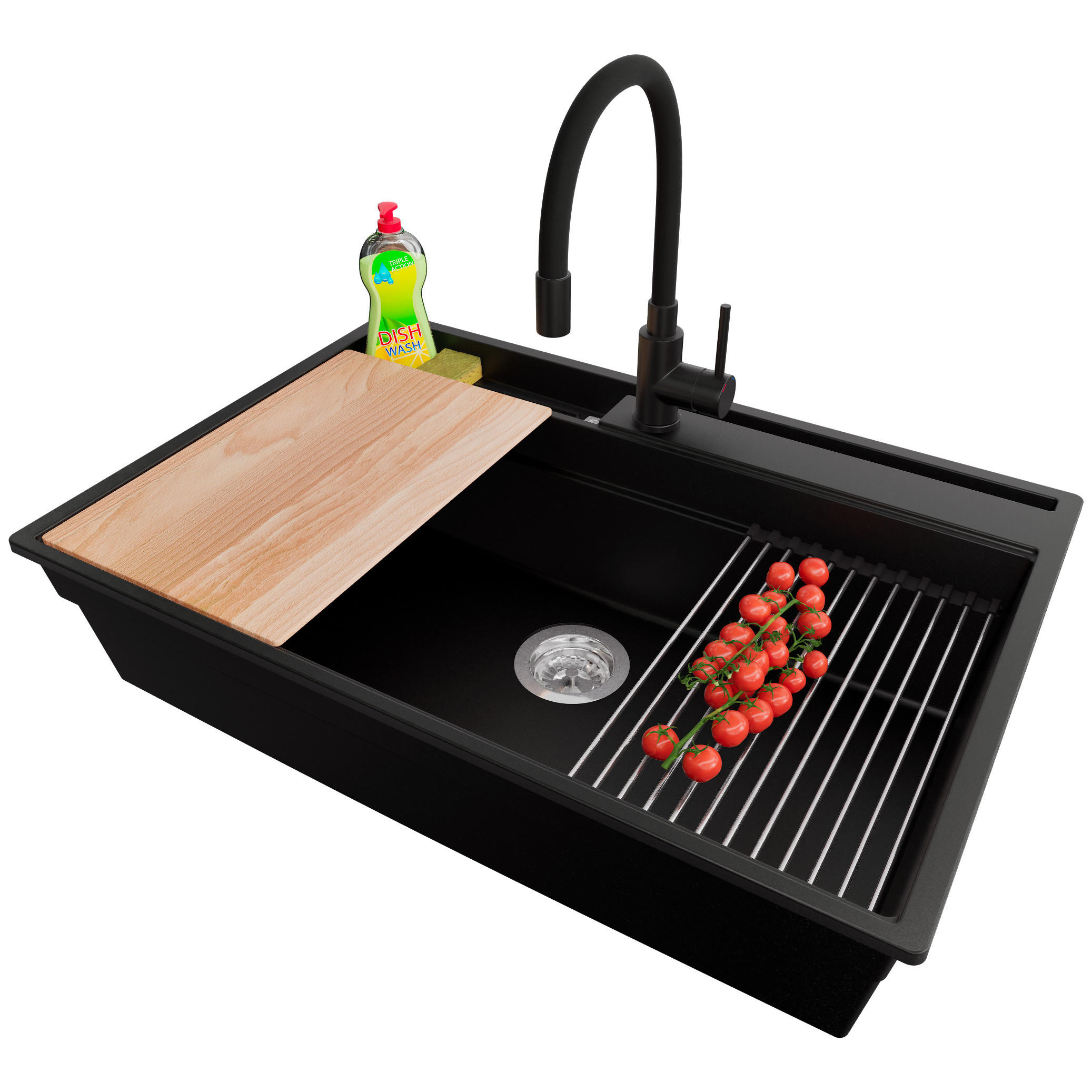 GRANITSPÜLE Oslo Pocket, 2-er set Schwarz 78/53 cm 1 Becken + Küchenarmatur 40/38 cm + Ablauf-Set + Küchenzubehörset ab 80er Unterschrank - Chromfarben/Beige, Kunststoff (78/20/53cm) - Primagran