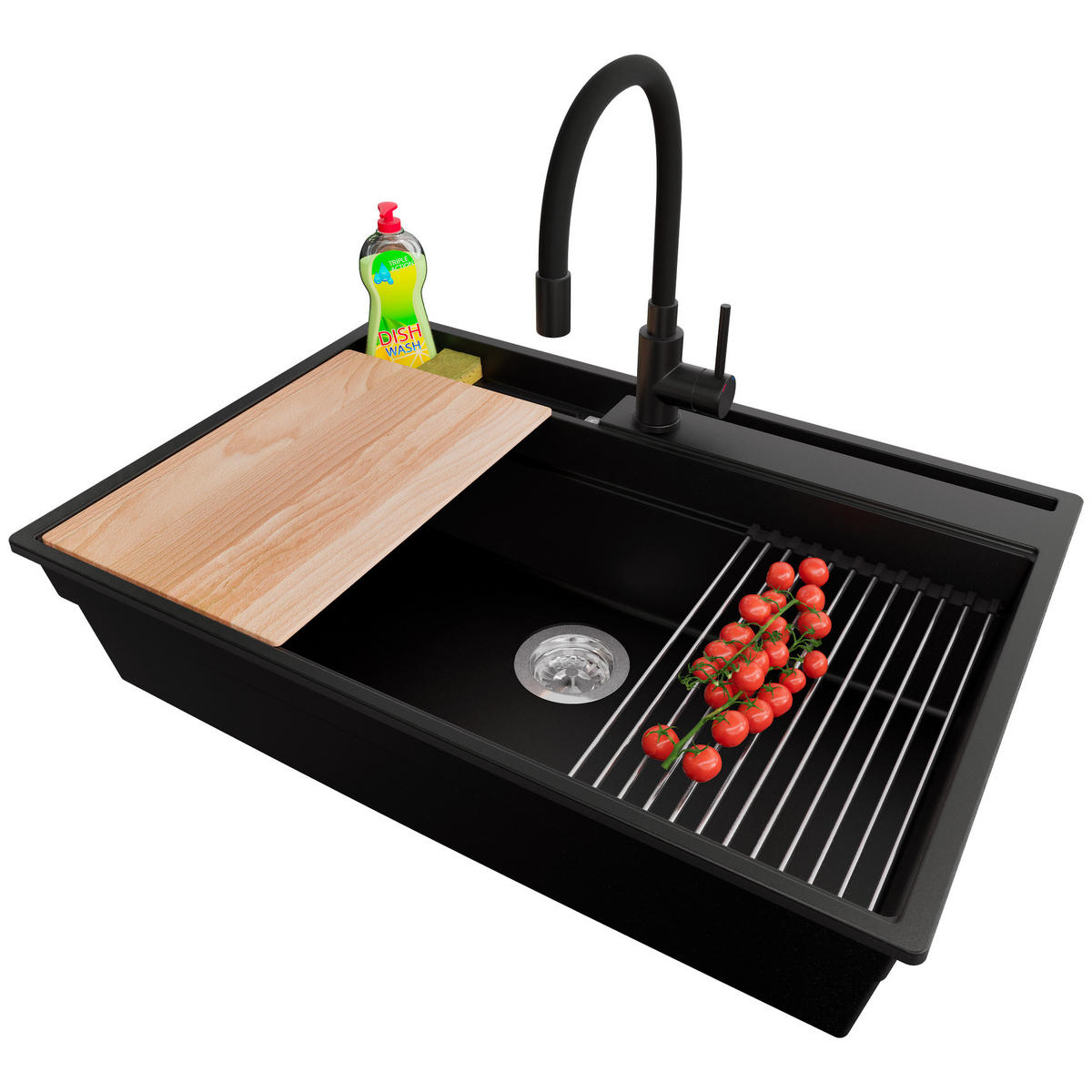 GRANITSPÜLE Oslo Pocket, 2-er set Schwarz 78/53 cm 1 Becken + Küchenarmatur 40/38 cm + Ablauf-Set + Küchenzubehörset ab 80er Unterschrank - Chromfarben/Beige, Kunststoff (78/20/53cm) - Primagran