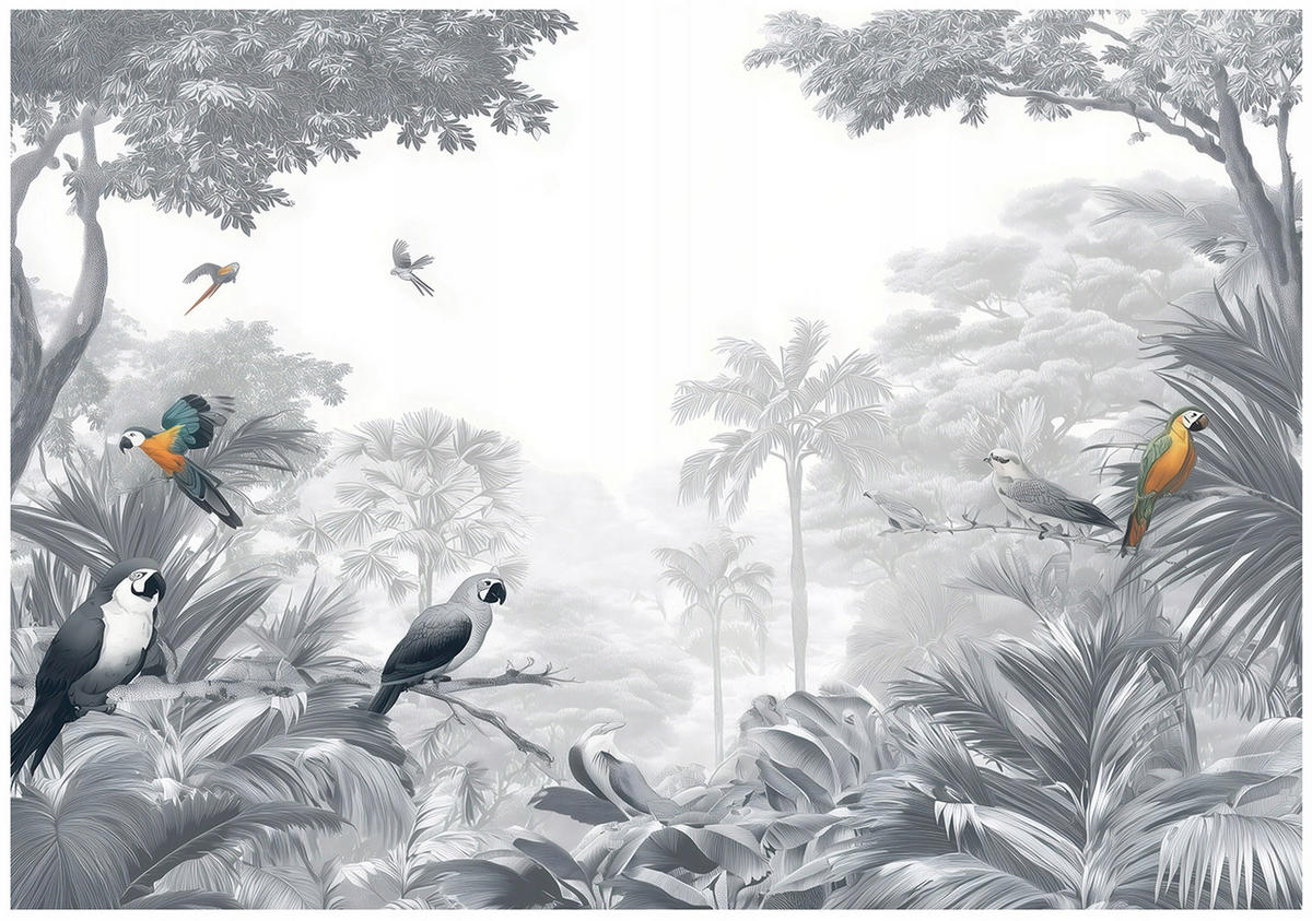 FOTOTAPETE Dschungel Papageien Grau 200x140 cm - Multicolor, Papier (200/140cm) - Wallarena