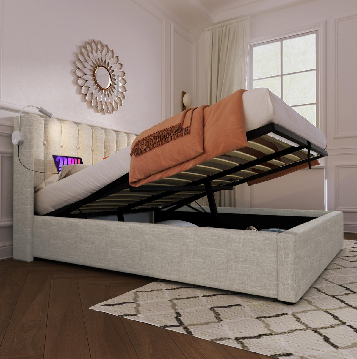 POLSTERBETT mit Bettkasten, USB und Leselicht 160x200 cm Beige - Beige, Metall (160/200cm) - Meubliv