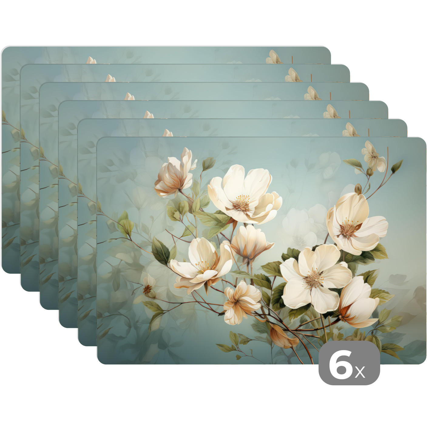 PLATZSETS 6er-Set Blumen - Weiß - Natur - Vintage 45x30 cm Tischset - Magnolie, Kunststoff (0.3/45/30cm) - MuchoWow