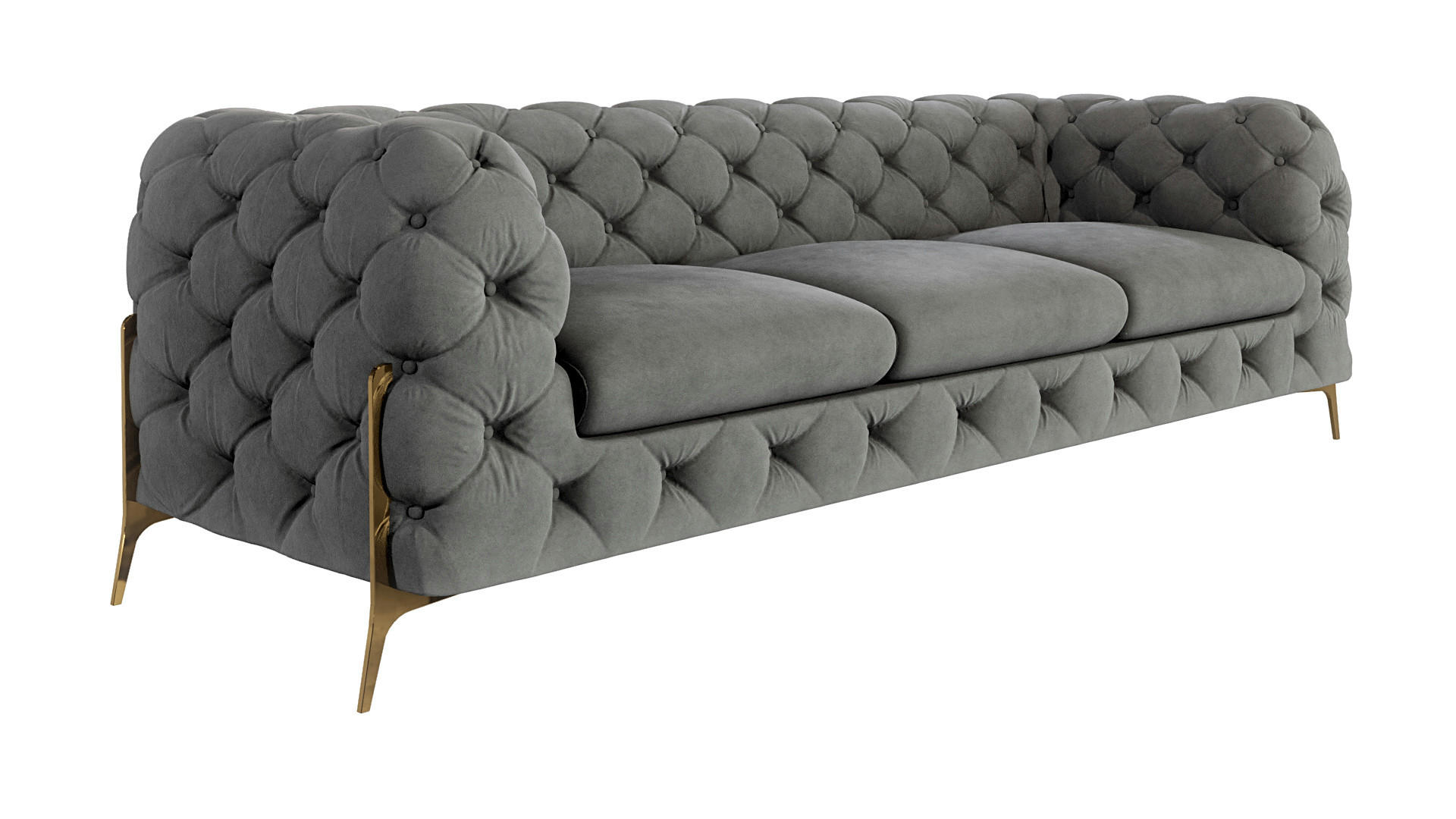 S-Style CHESTERFIELD TŘÍMÍSTNÁ POHOVKA Lexi ze šedého sametu se zlatými nohami
