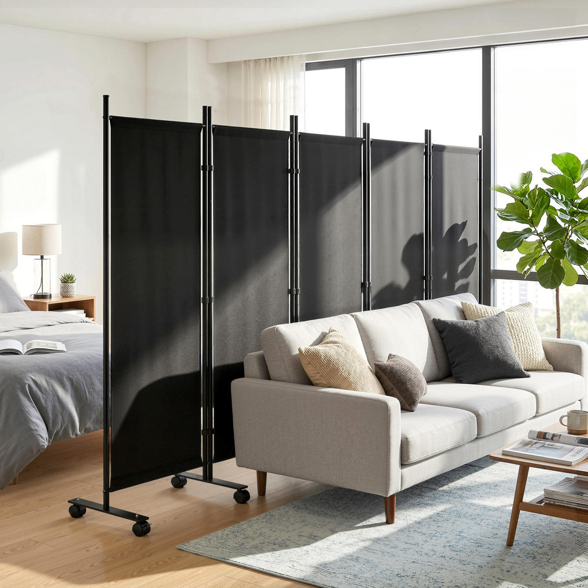 RAUMTEILER,5-TEILIG Stahl mit Rollen Clips,schwarz - Schwarz, Metall (252/170cm) - Vallsero
