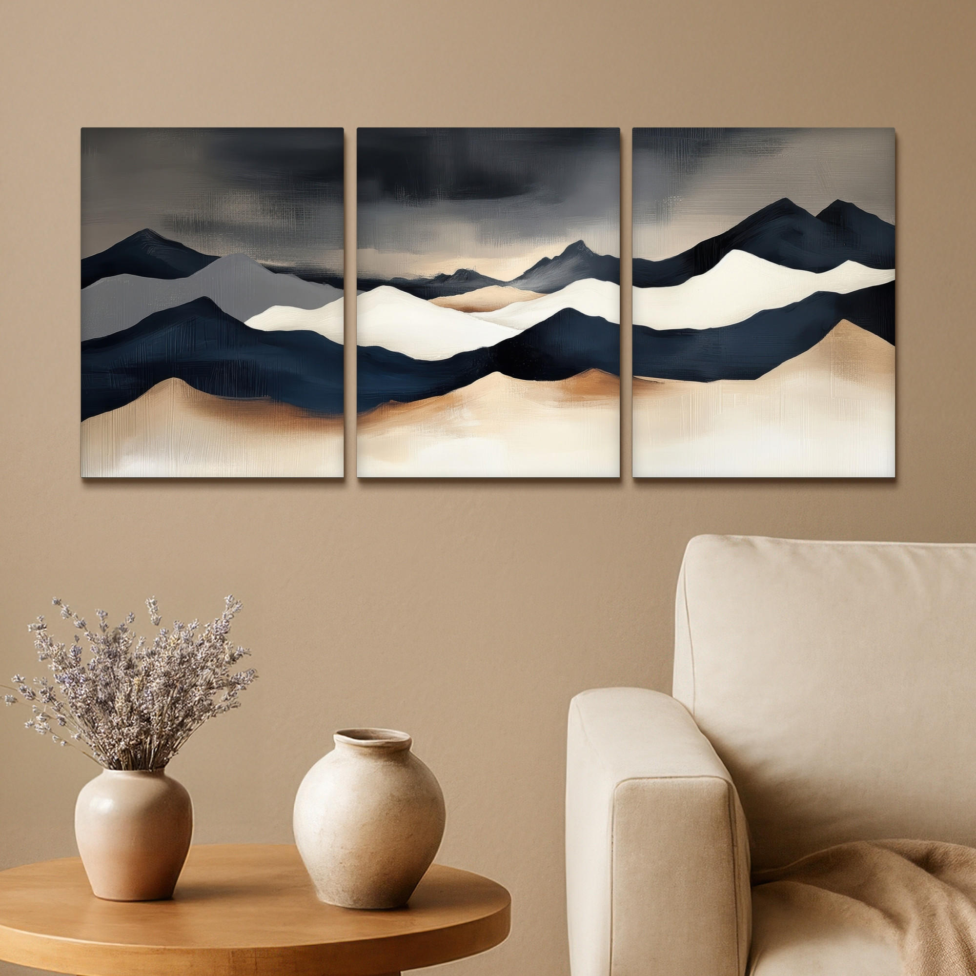 LEINWANDBILD 3er Set Landschaft - Abstrakt - Modern 90x40 cm - Dunkelblau, Textil (90/40cm) - MuchoWow