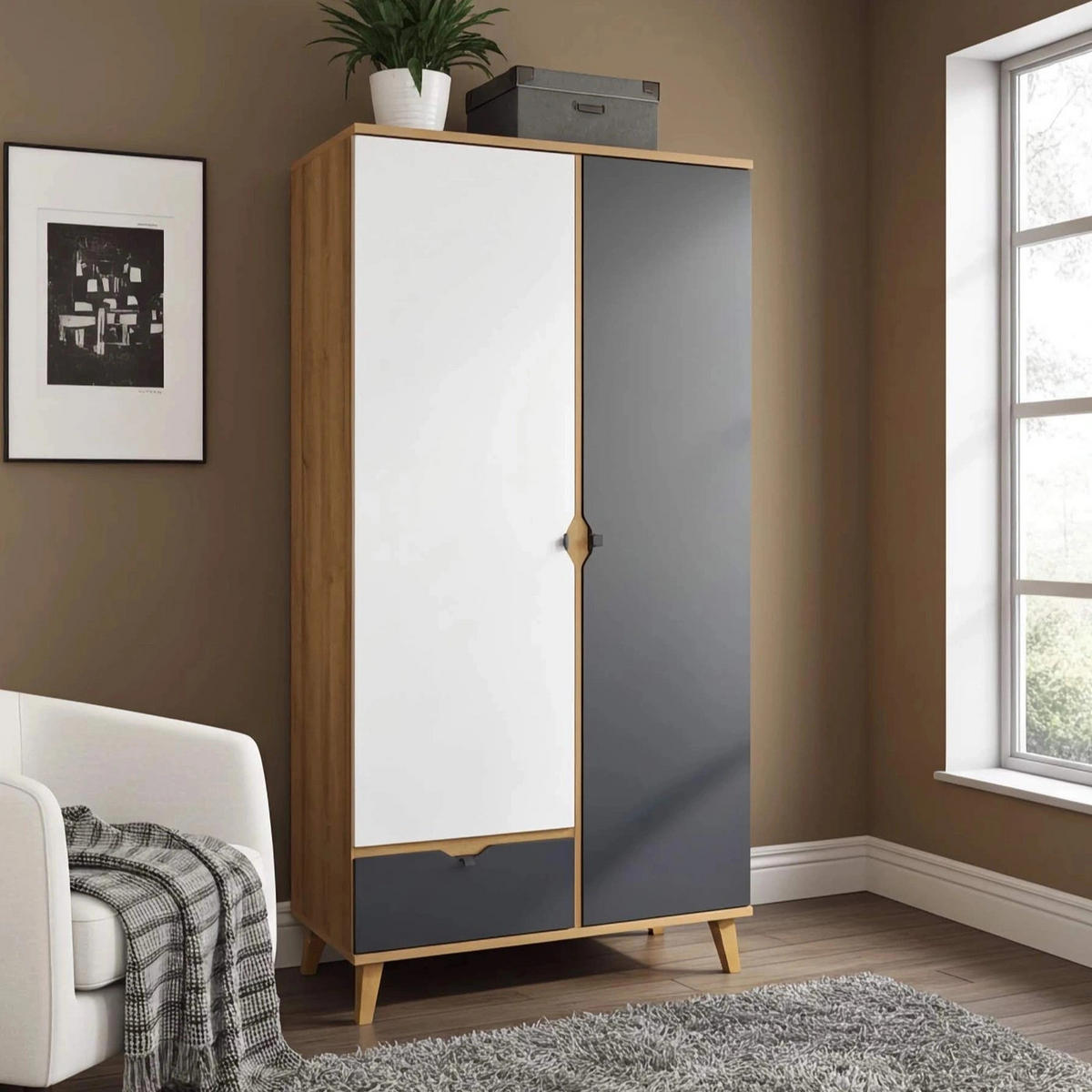 KLEIDERSCHRANK Aster 90x200 mit Schublade - Eichefarben/Graphitfarben, Holzwerkstoff/Kunststoff (90/200/52cm) - Ravio