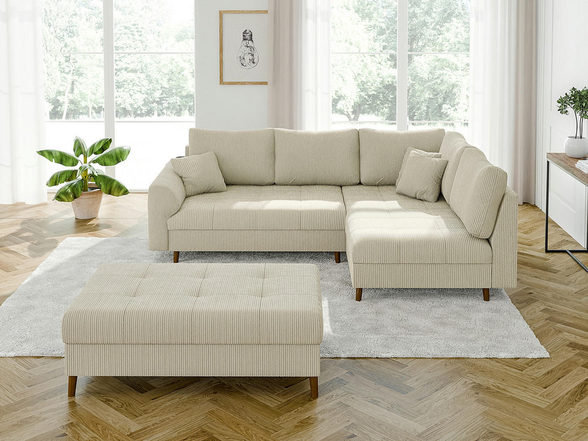 ECKSOFA inkl. Hocker Alma Beige Cord - Ottomane rechts - Beige/Braun, Holz/Textil (231/161cm) - S-Style Möbel