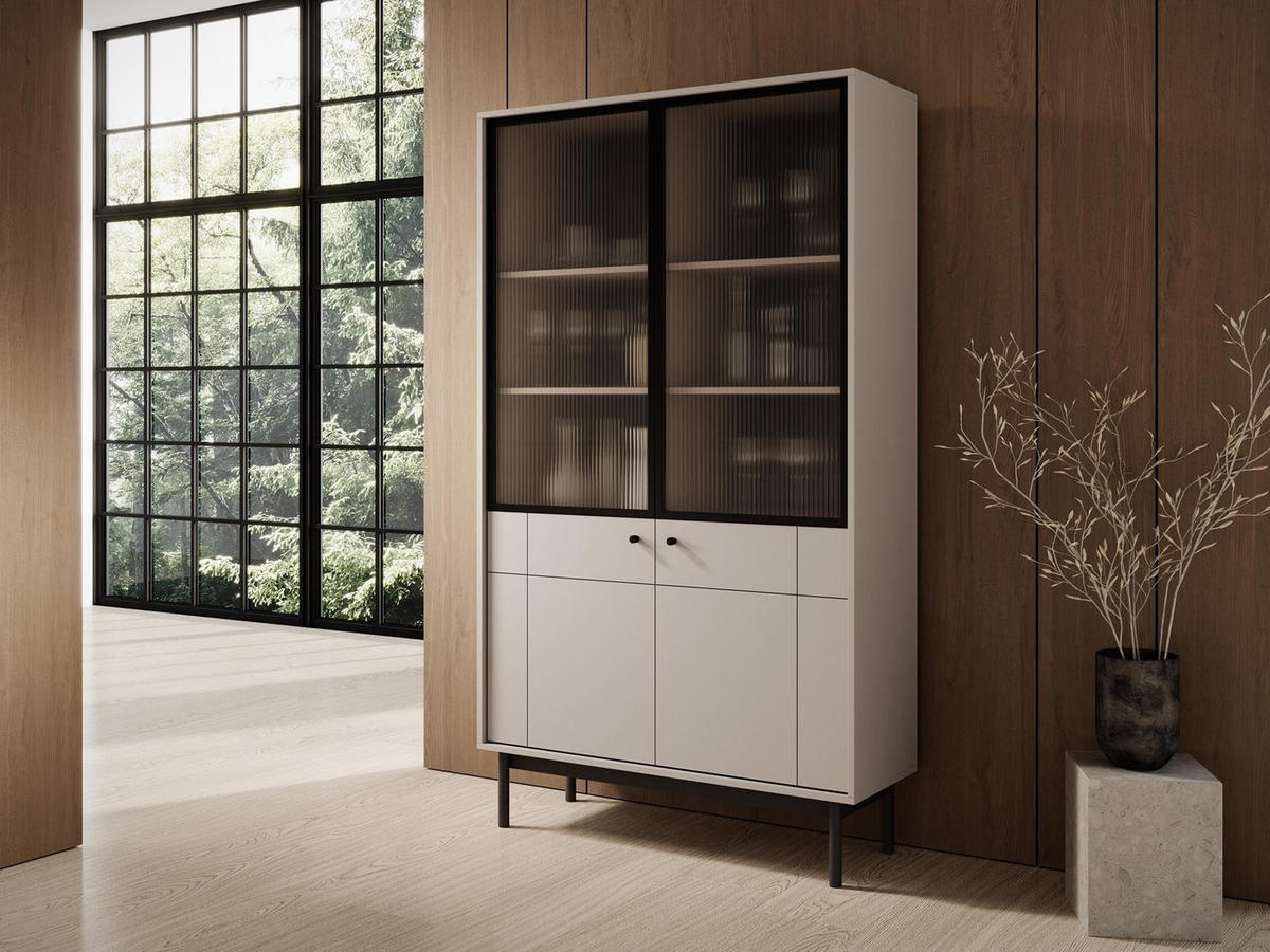 VITRINE Panda Beige, Schwarze Beine, Glasvitrine - Beige/Schwarz, Holzwerkstoff (104/184/39cm) - Bettso