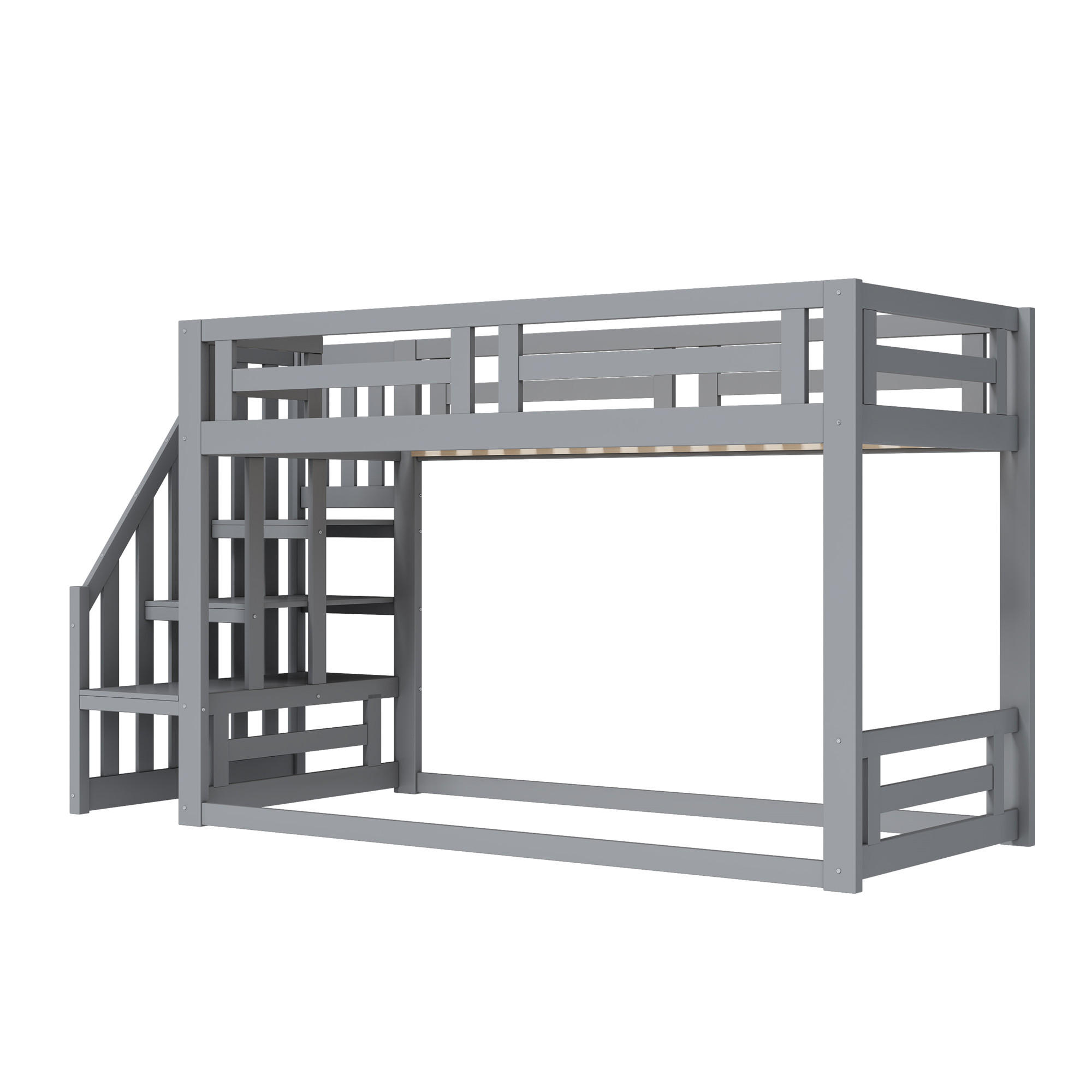 ETAGENBETT 90/200 cm Grau Niedriges Kinderbett mit Sicherheitsleiter aus Massivholz - Grau, Holz (90/200cm) - OKWISH