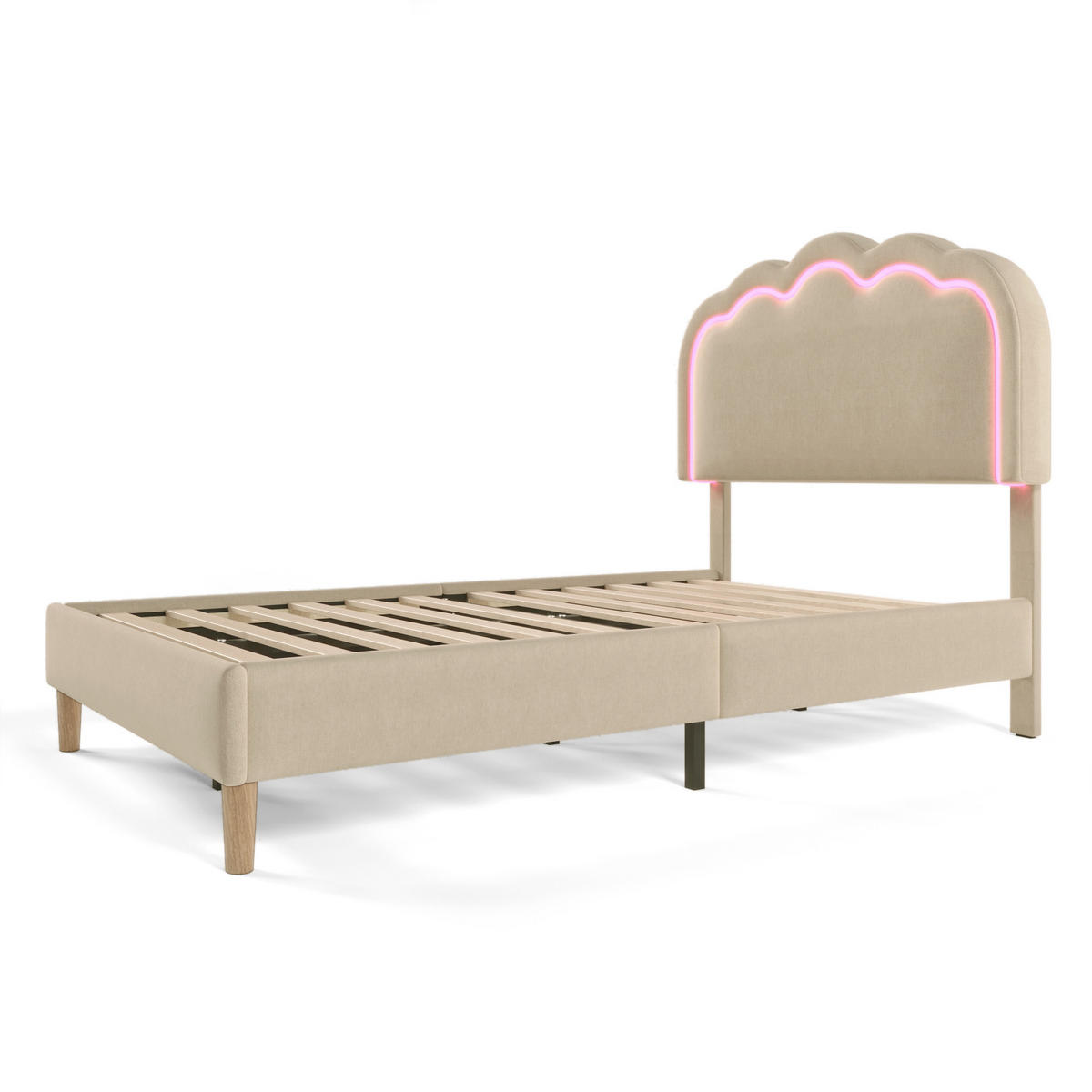 POLSTERBETT 90/200 cm beige mit LED und höhenverstellbarem Kopfteil - Beige, Textil (90/200cm) - OKWISH