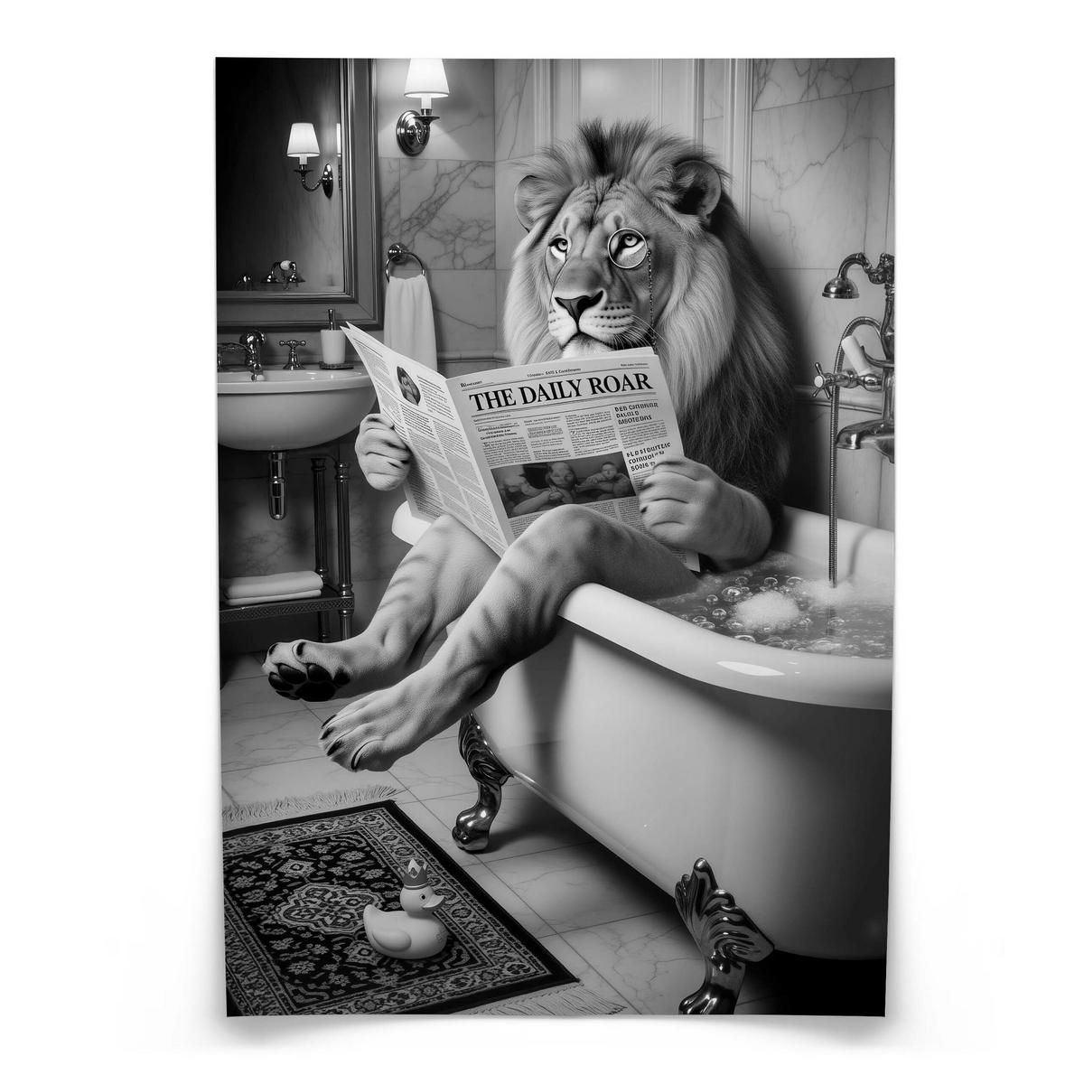POSTER für Badezimmer WC LÖWE in Badewanne Zeitung Abstraktion 20x30cm - Schwarz/Weiß, Papier (20/30/1cm) - Muralo