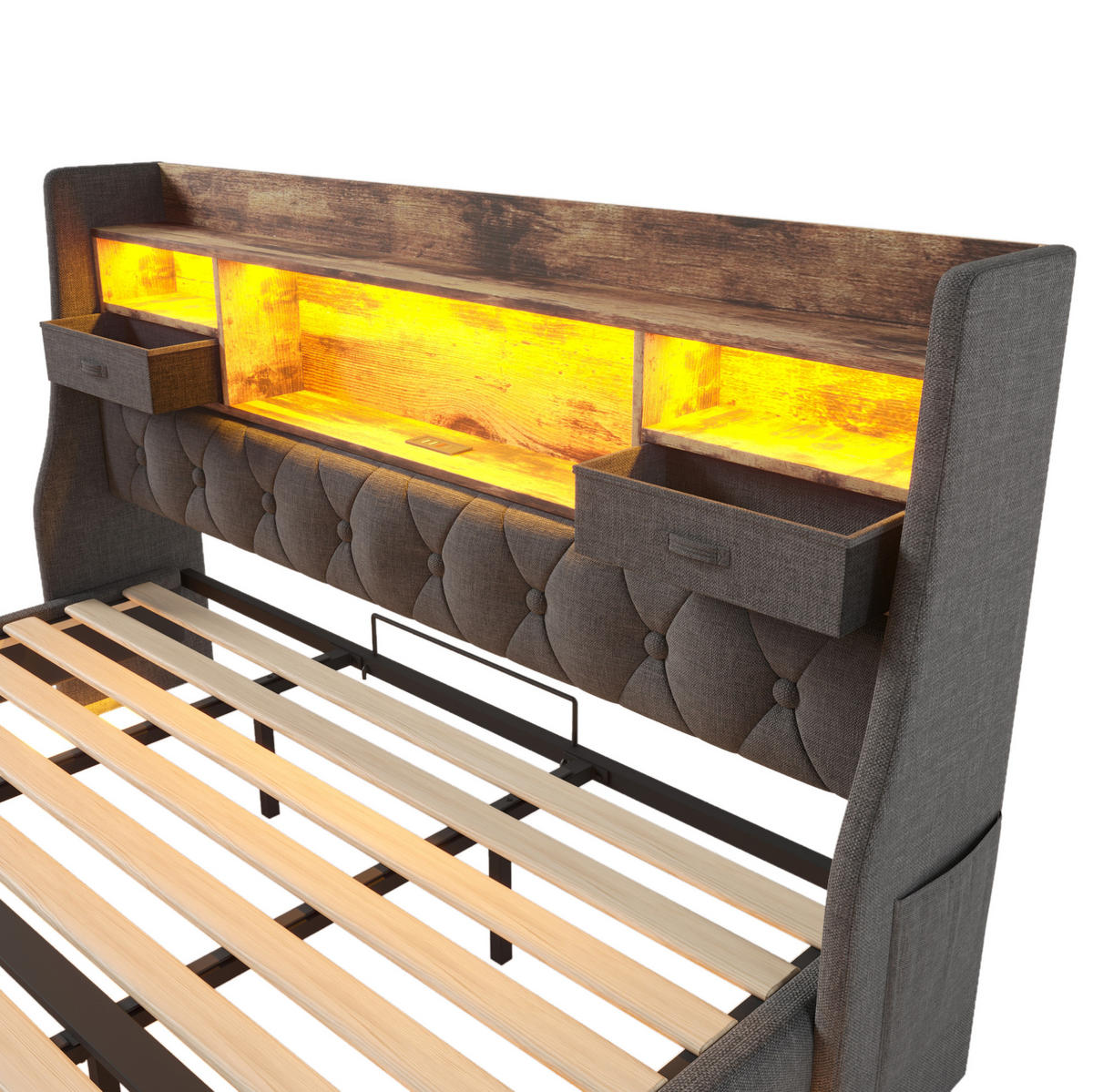 POLSTERBETT 180/200 cm mit LED-Beleuchtung, USB und Type-C, Stauraum-Kopfteil aus Leinen, Grau - Grau, Textil (180/200cm) - Redom